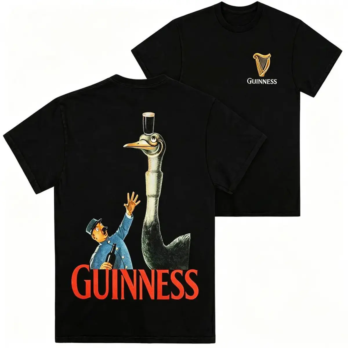 [Sale Up To 50%] Guinness Ostrich Vintage Gilroy Ad Graphic T-Shirt - Black Retro Beer Casual Short-Sleeve Tops, Unisex Men's/Women's Clothes, Shortsleeve, Tshirt, Casual Comfy Streetwear, Menswear, Round Neck, Graphic T Shirts, Chinese New Year, Chic Str