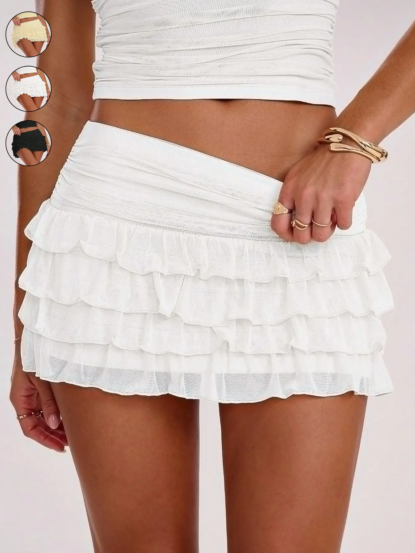 Women's Casual Solid Color Ruched Waist Layered Ruffle Hem Fashionable Mini Skirt Bottoms, Ruffled, Perfect for Daily Wear, Comfortable & Stylish Design