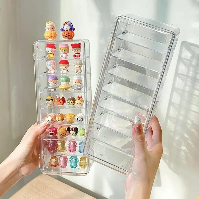 Mini Acrylic Display Stand Cute Particle Dustproof Flip Cover Figure Display Storage Box Desktop Organizer Jewelry Accessories