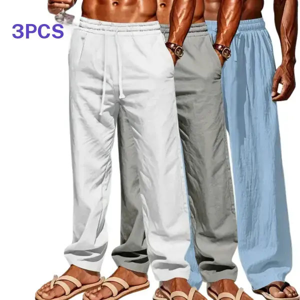 Men’s drawstring elastic waist loose casual pants, 3 pack. Simple, lightweight, breathable, skin friendly, and comfortable. Versatile straight leg fit for everyday wear and seaside outings. Beige