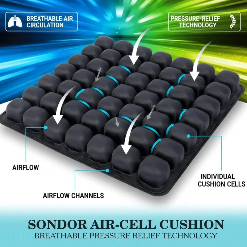 Pressurized, Enhanced Inflatable Seat Cushion, 36 Air Cell Breathable Honeycomb Design, Pressure Relief Seat Pad for Long Sitting, Portable Air Cushion for Travel, Home Office, Car Seat, Lightweight Ergonomic Cushion for Hip Comfort and Fatigue Relief