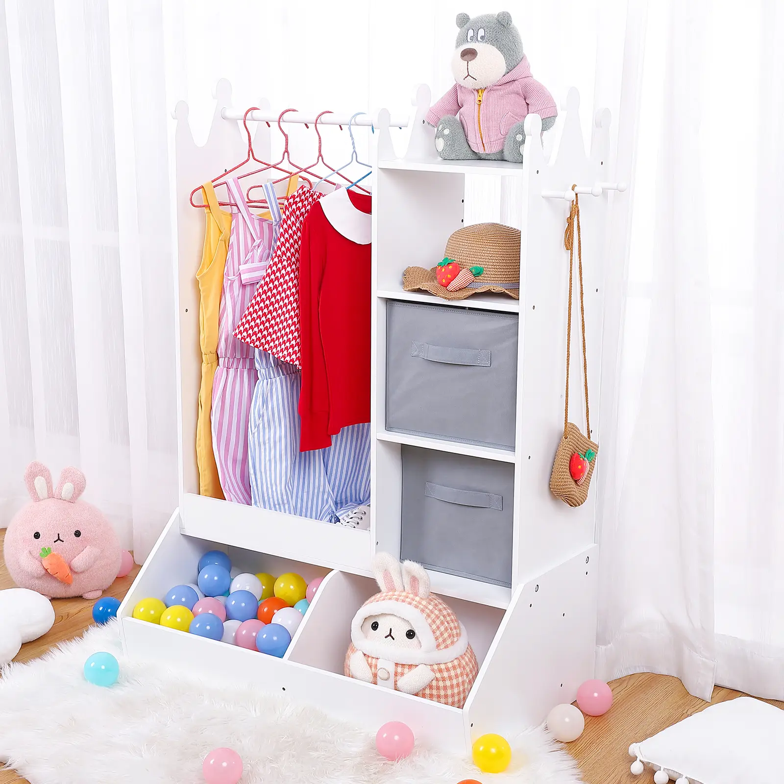 Kids Painted Wood Floor-Mounted Armoire Wardrobe Closet - Built-In LED Light, Full Mirror, Open Hanging Rod, Storage Bin, Side Hooks, Stress-Free Bedroom Organizer for Girls