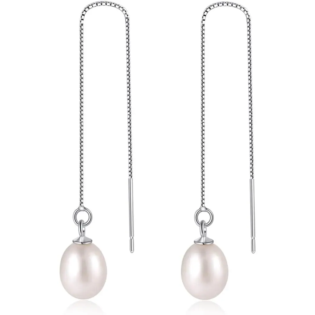 Long Pearl Earrings for Women, Drop Pearl Threading Earrings, Wedding White Pearl Tassel Earrings for Bridal, Hypoallergenic Elegant Hanging Chain Earrings