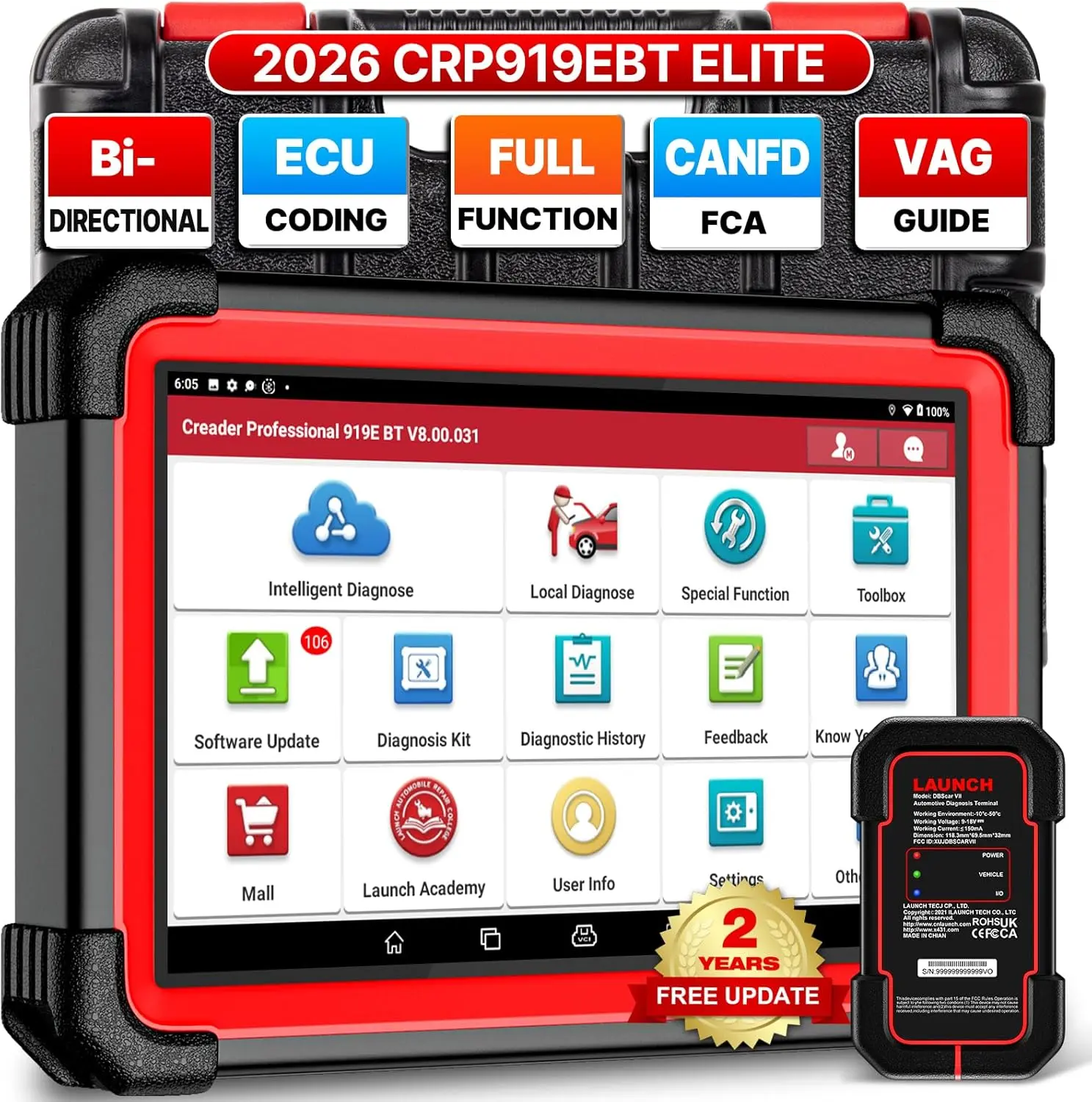 LAUNCH X431 CRP919EBT 2026 wireless two-way scan tool, all-in-one full system OBD2 scanner, ECU coding, 35+ services, CANFD & DOIP, FCA AutoAuth, VAG guide, 2 years free updates, U CRP grade 32E
