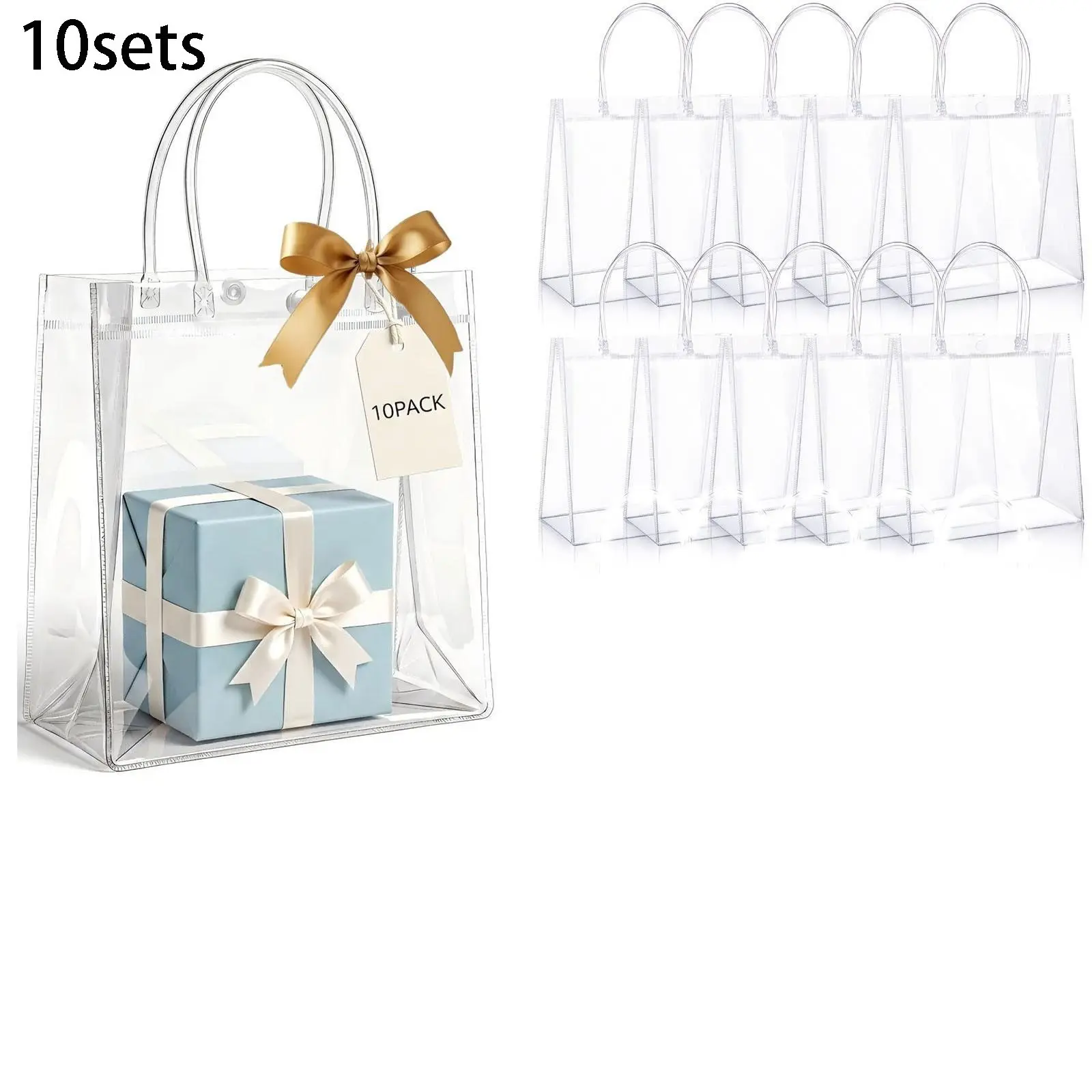 Set of 10 Transparent Plastic Gift Bags with Handles, Clear Gift Bags, Clear Goodie Bags, Gift Packaging, with 10pcs Champagne Color Ribbon, Waterproof Reusable PVC, Perfect for Halloween, Christmas, Mother's Day, weddings, birthdays parties