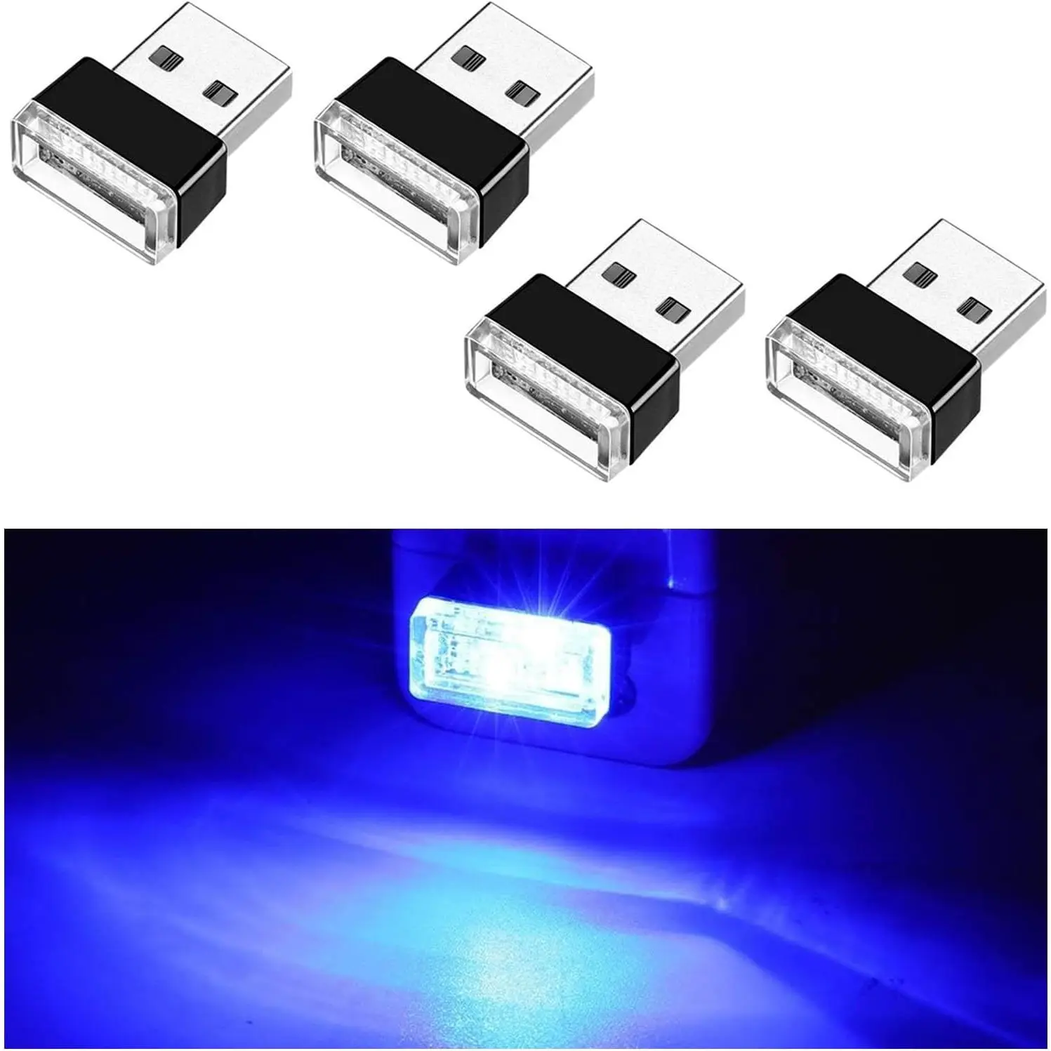 4-Count Car Interior Lighting Kit, Plug-and-Play USB Mini Lamp, Soft Glow Portable Ambient Decorative Light Accessories for Cars (Blue)