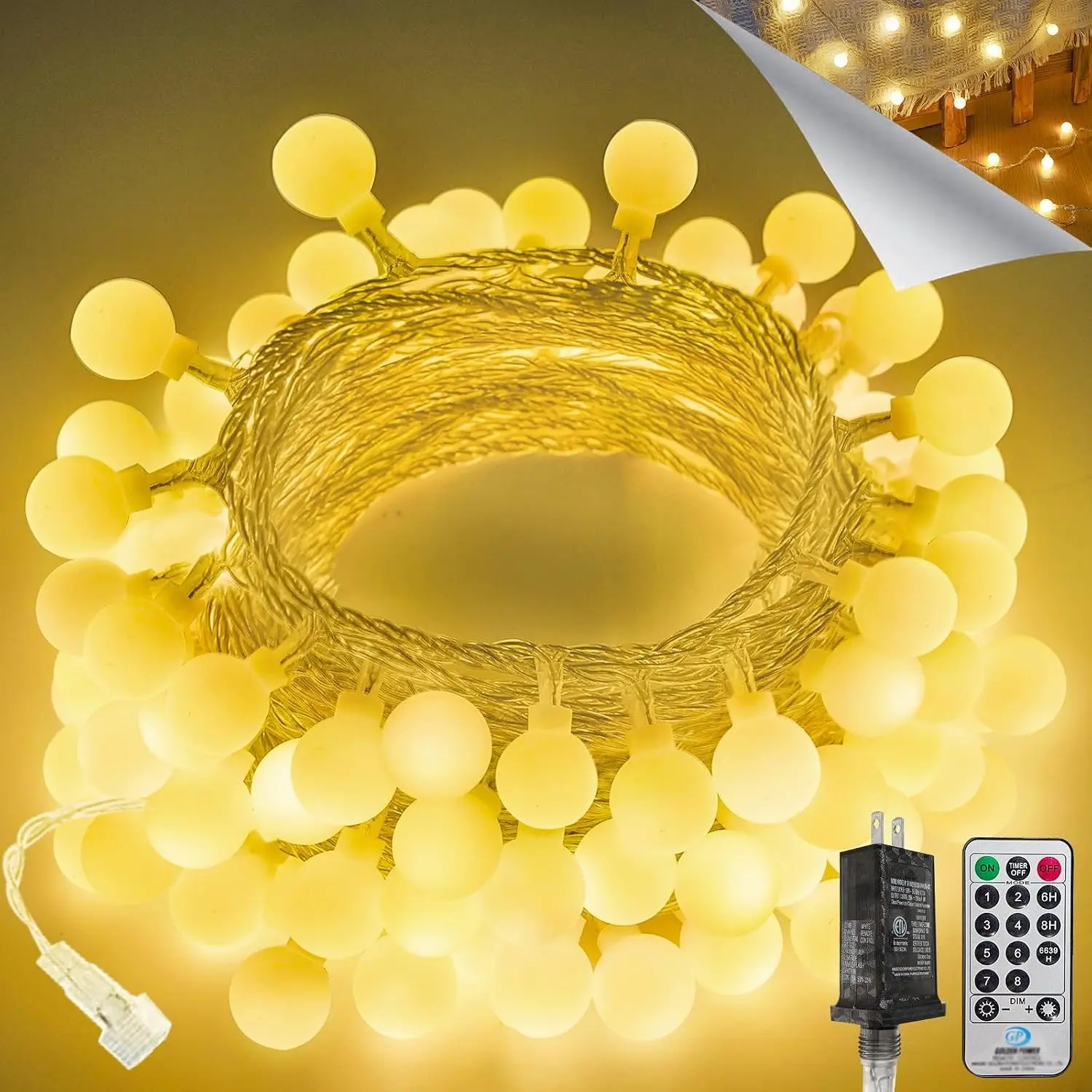 Connectable 43FT 100LED Globe String Lights | 8 Modes Warm White String Lights Plug in with Remote | Hanging Fairy Light for Indoor Outdoor Bedroom Party Classroom Christmas Tree Decor