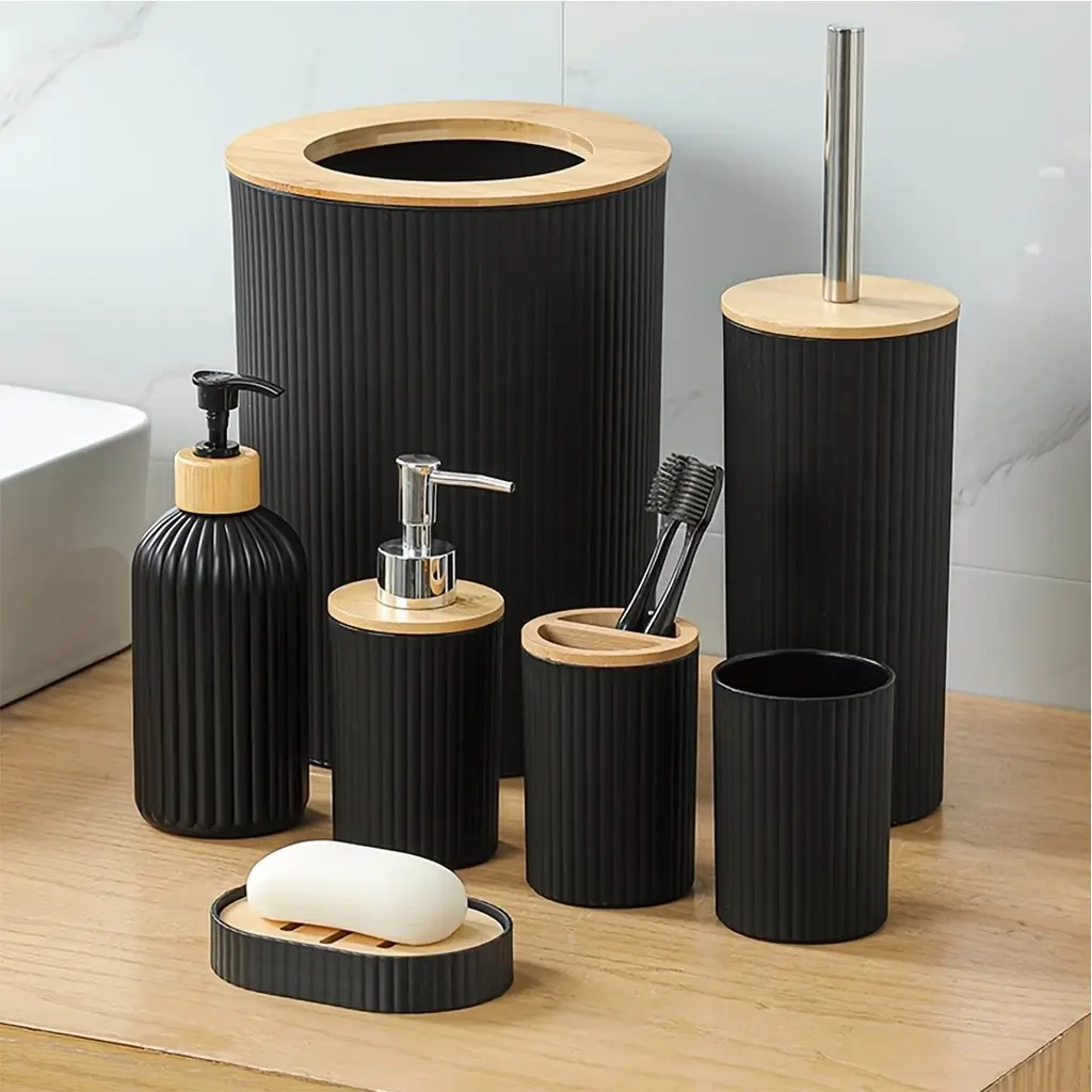 Matte Bathroom Countertop Storage Set with Bamboo Lid, Modern Minimalist Style, Complete Accessories Kit for Bathroom Organization, Bathroom Accessory Set