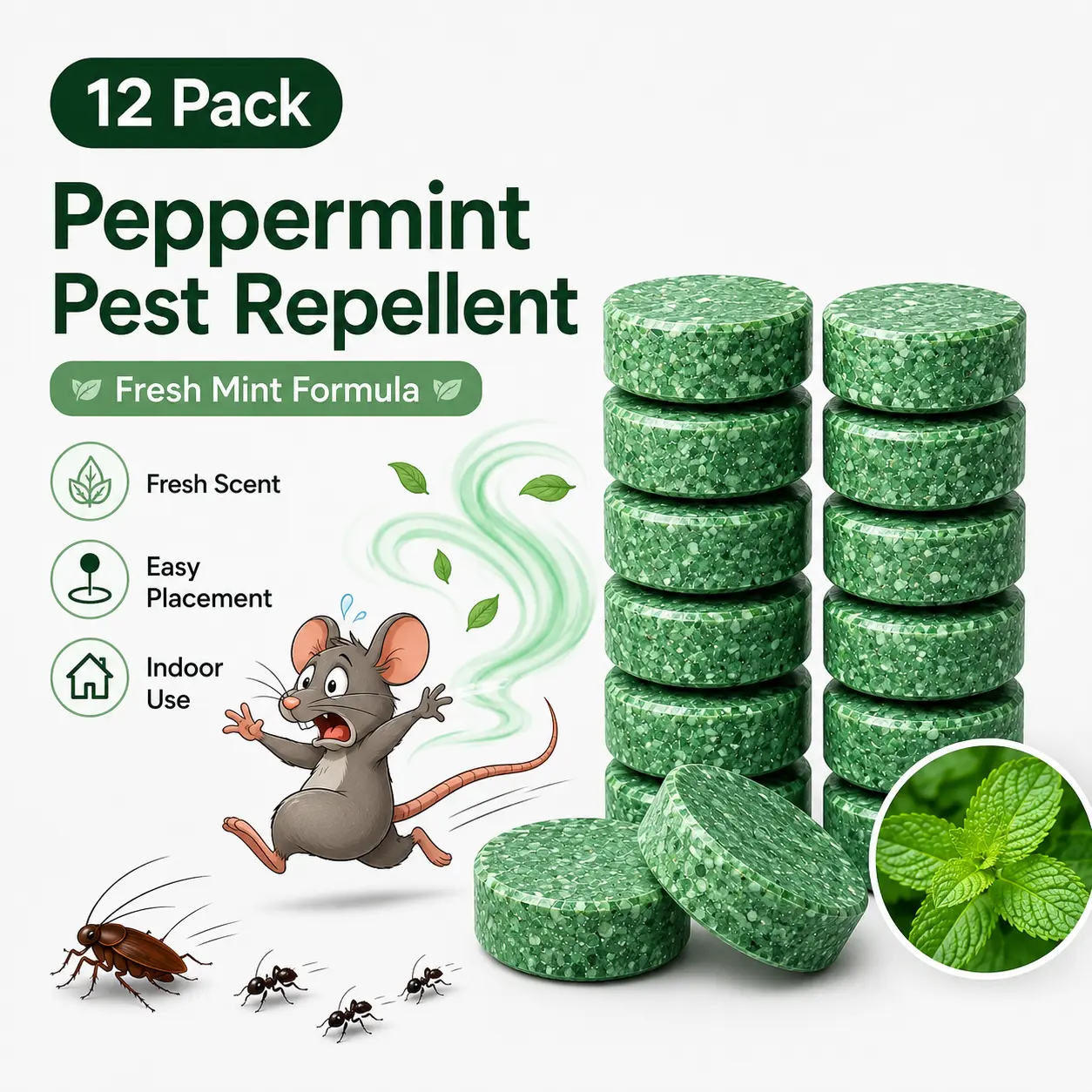12-Pack Natural Peppermint Oil Pest Repellents - Fast Acting, Eco-Friendly, Cost-Effective, User-Friendly, Long Wearing Insect Control for Closets & More, Home Users’ Roach, Mouse Rat Deterrent