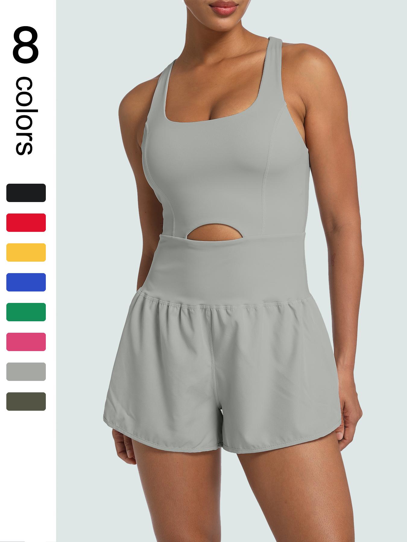 Women's Solid-Color Racerback Sports Romper, Athletic Workout Romper with Removable Chest Pads, High Waisted Romper, Casual Comfy Breathable Sleeveless Jumpsuit for Yoga, Gym and Workouts, Stretch Sportswear for All Seasons