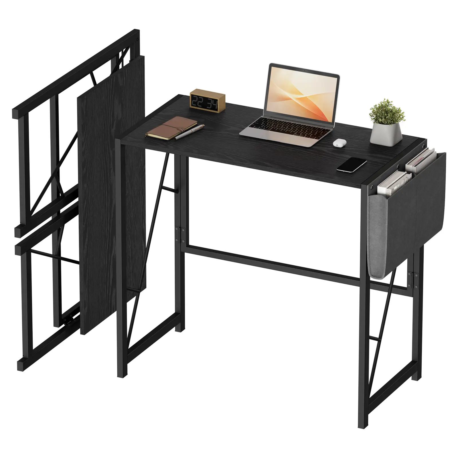 80cm Folding Writing Desk, Space-Saving Collapsible Computer Table with Side Pocket & Hooks, Metal Frame for Home & Office