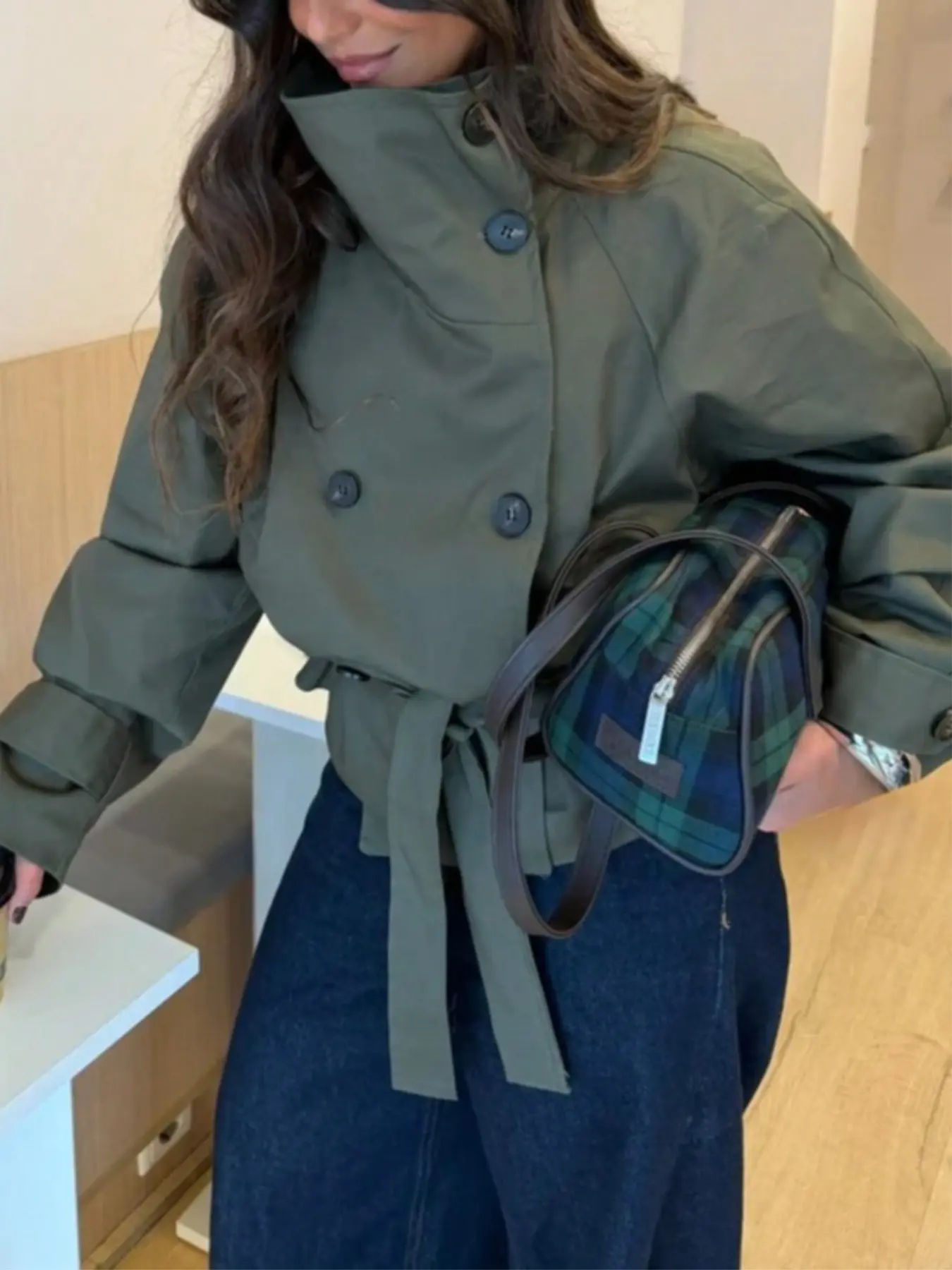 Women's Solid Color Woven Fabric Double Button Adjustable Tie Waist Loose Military Windbreaker Coat, College Style Autumn Winter Outerwear