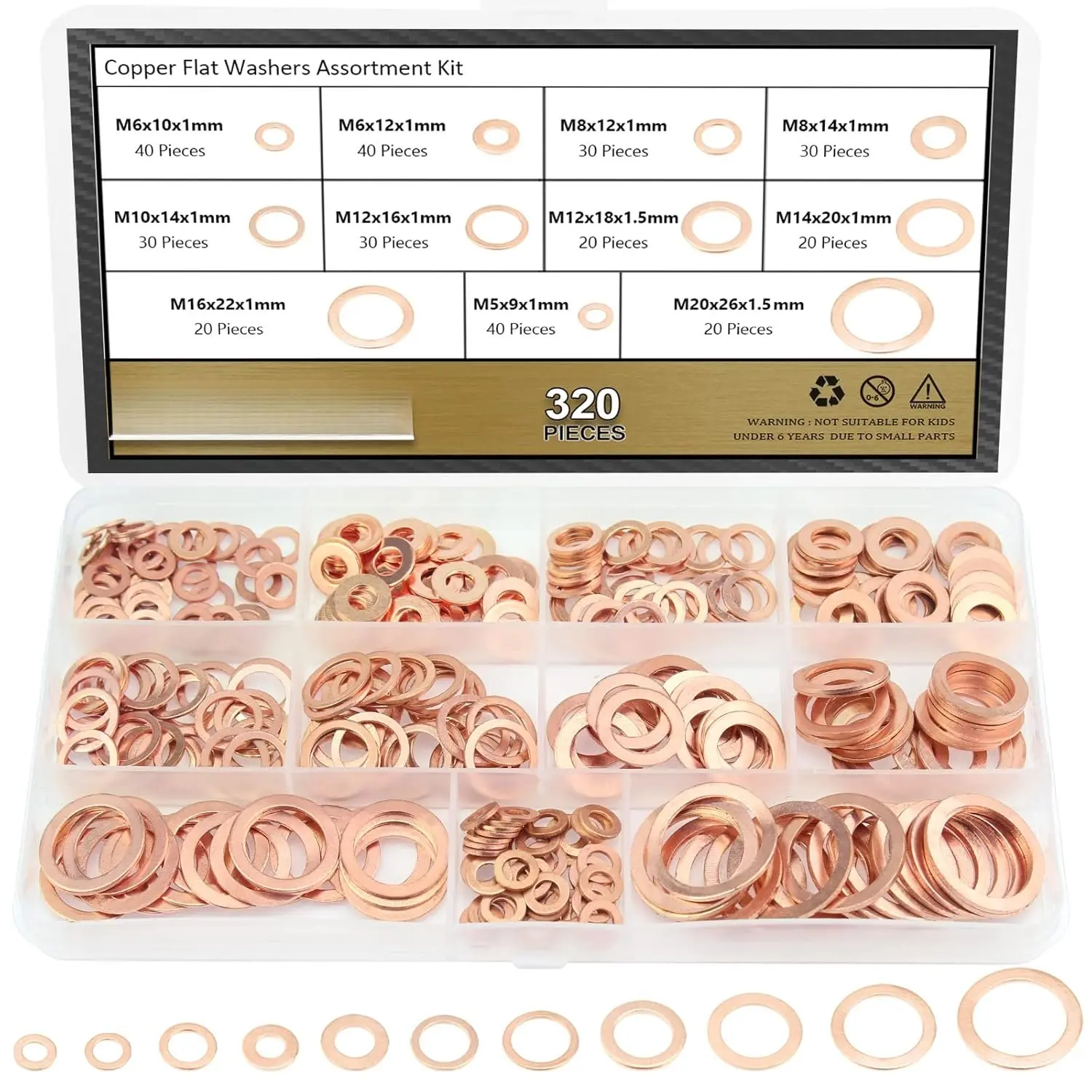 320 count Copper Metric Flat Washers, Sealing Washers,  11 Sizes Copper Washers, Metal Washers  Kit (M5 M6 M8 M10 M12 M14 M16 M20)