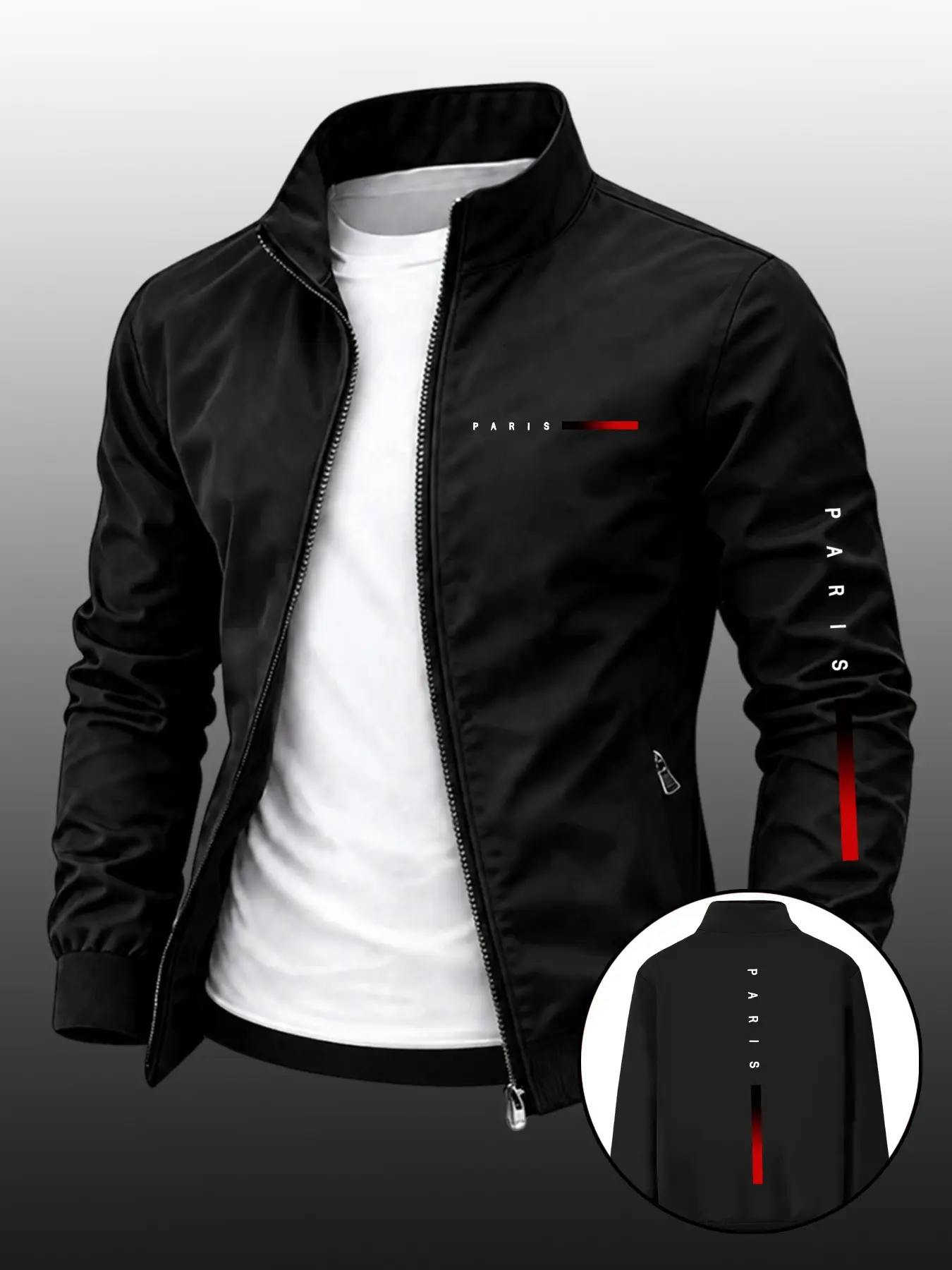 Men's Paris Series Print Jacket, Lapel Collar Zipper Casual Fashion Outerwear, Casual Business Style, Spring & Fall, Perfect Gift for Him