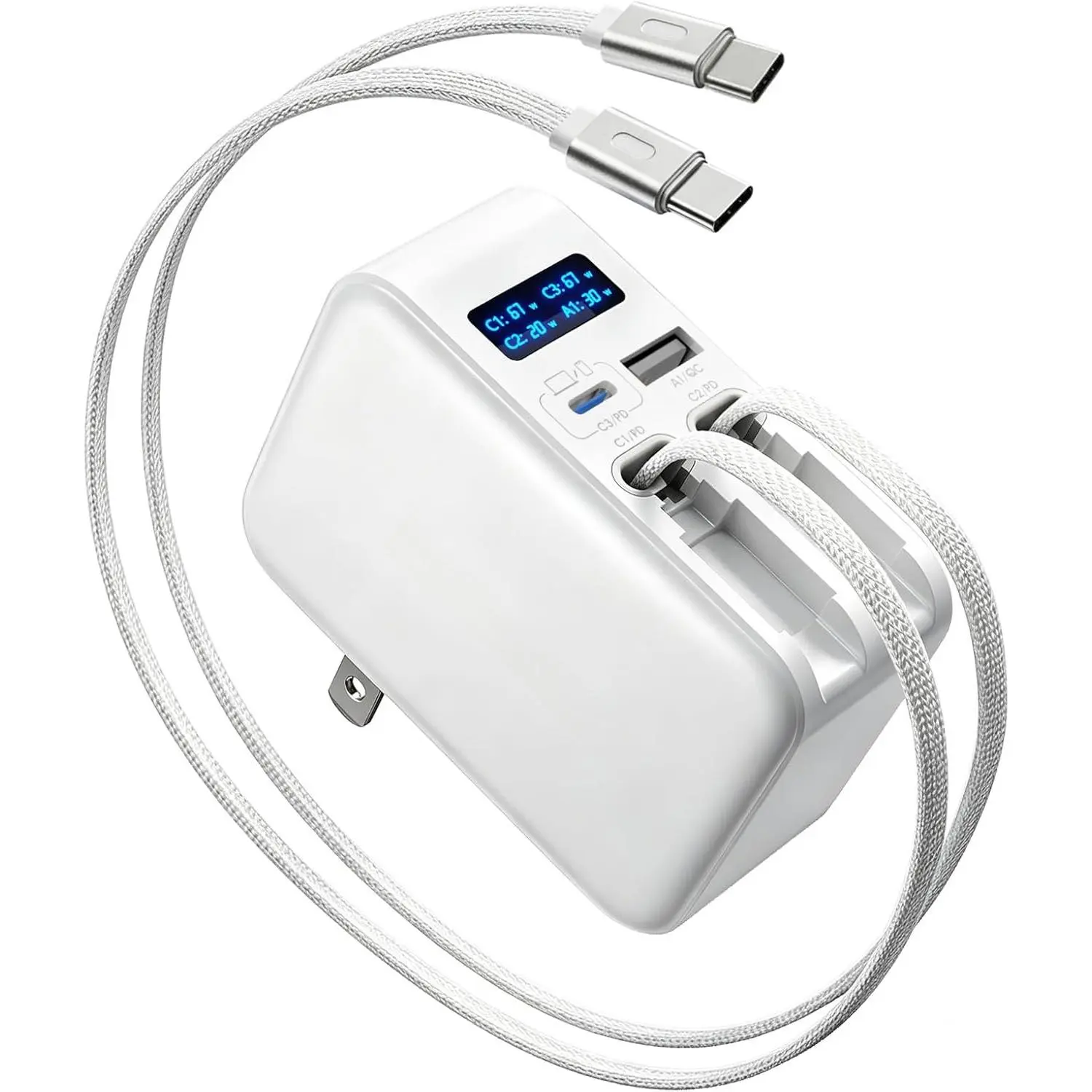 67W Retractable USB C Wall Charger with  Power Display, 4-in-1 -in  USB-C Cables, Extra USB-C & USB-A Ports, Foldable Travel Charger for MacBook, , iPad, Laptop,