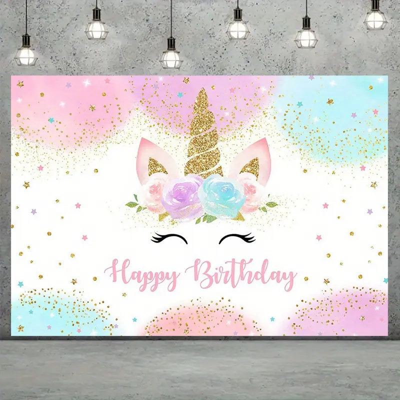 Unicorn Birthday Backdrop Banner, Party Decorations, Party Background Decoration, Rainbow Glitter Theme Decoration, 2D Single-Sided Polyester Banner with Metal Grommets, Perfect for Girls Birthday Parties, Photo Booths