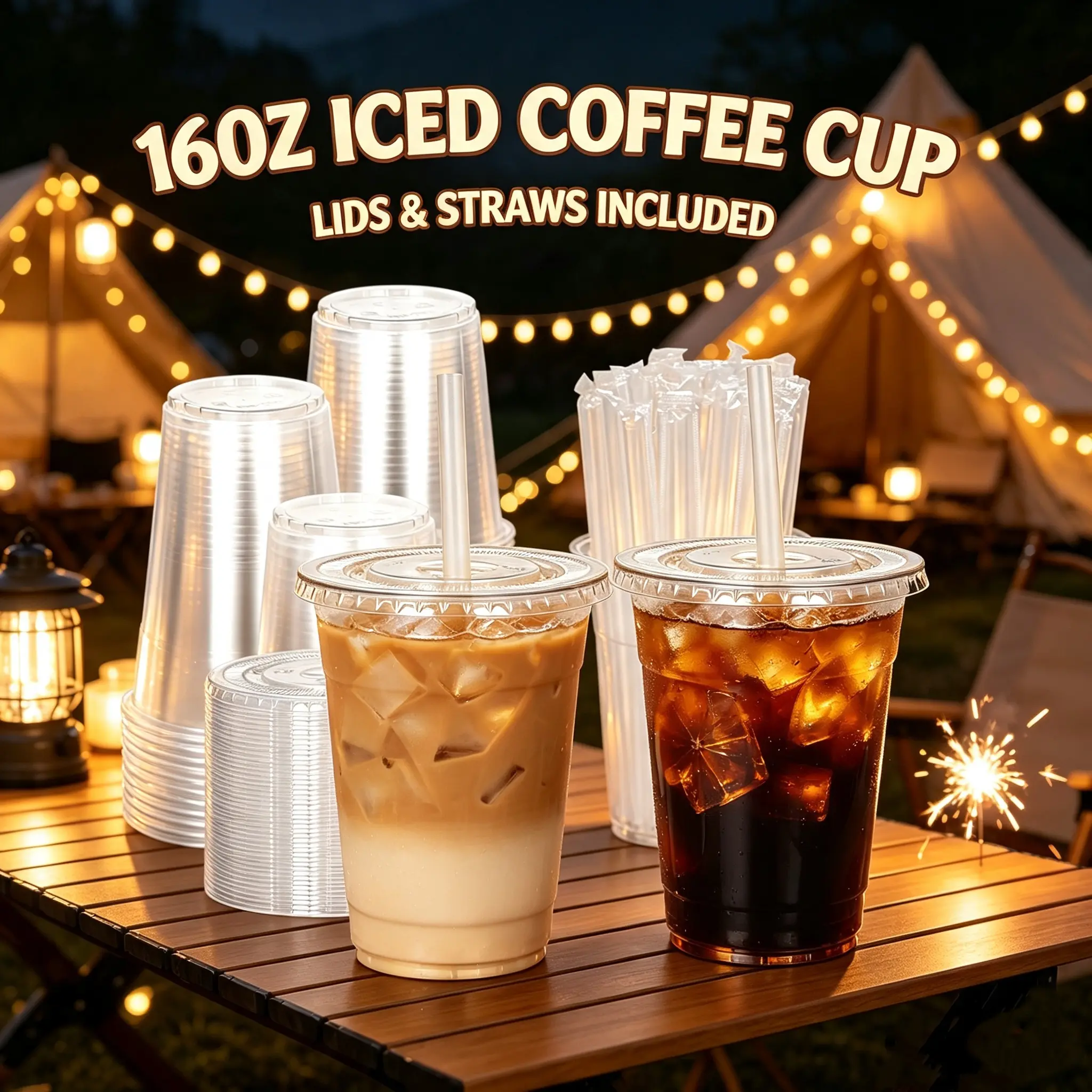 100 Pack Disposable Clear Plastic Drinking Cups with Lids & Straws, 16/20/24oz Portable Iced Drink Cups for Camping, Travel, BBQ, Outdoor Party, Smoothie Juice Milkshake Daily Beverage Use