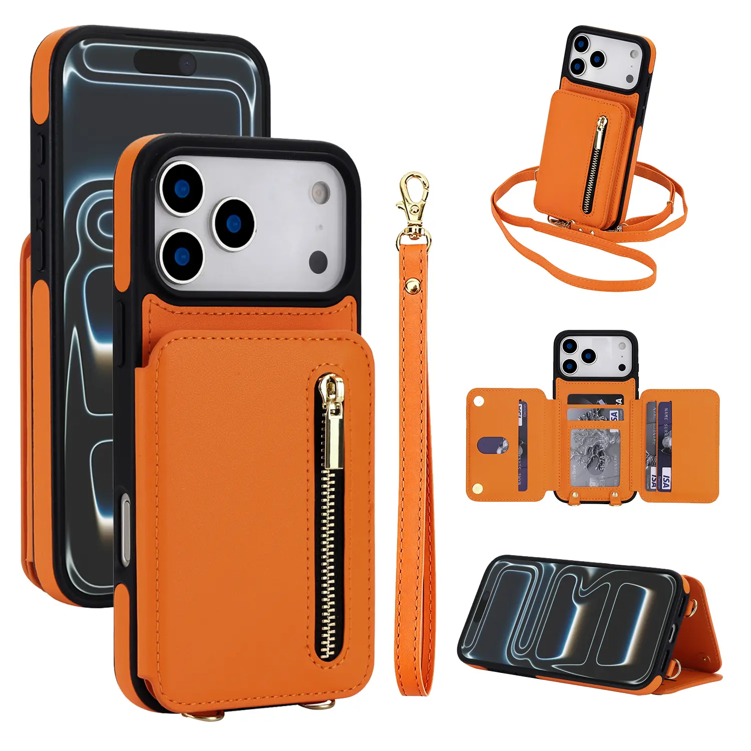 RFID Blocking Leather Crossbody Wallet Case for iPhone 17 Pro Max,16,15,14,13,12 Smartphones - Zippered Handbag with Cash & Card Pouch, Flip Cover for Cellphone Protection