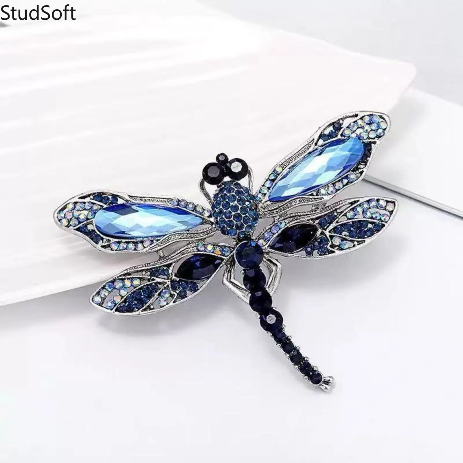 Vintage Dragonfly Brooch with Sapphire Blue and Marquise Crystal Pavé, Women's Antique Silver Lapel Pin, Jewelry for Coats and Blazers, Stone