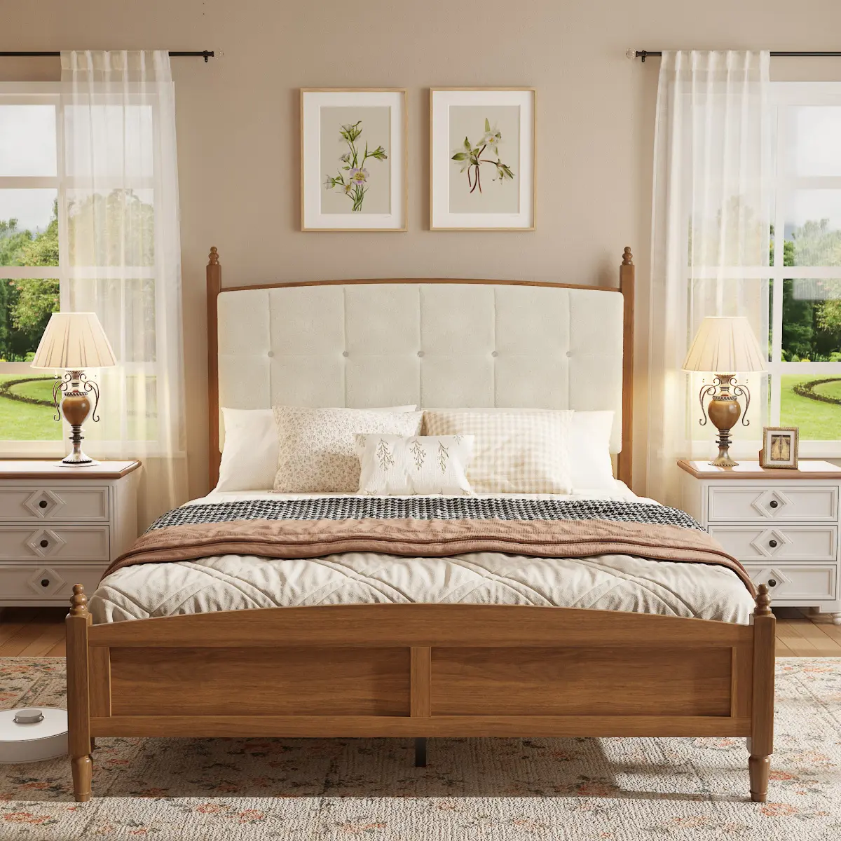Queen Size Bed Frame In Walnut Finish, Vintage Spindle-Style Platform Bed Supported