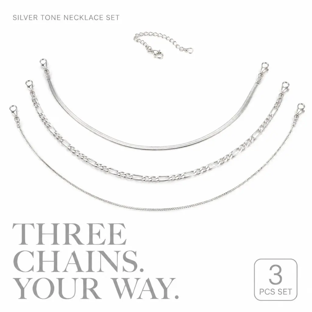 Women's Silver-Tone Customizable 3-Piece Layered Link Necklace stack Set - Herringbone, Figaro, Delicate Thin Chains, 5cm Adjustable Extender, Minimalist Stackable Costume Jewelry for Daily Wear, Gifting, Link Chains gifts girlfriend, Unisex