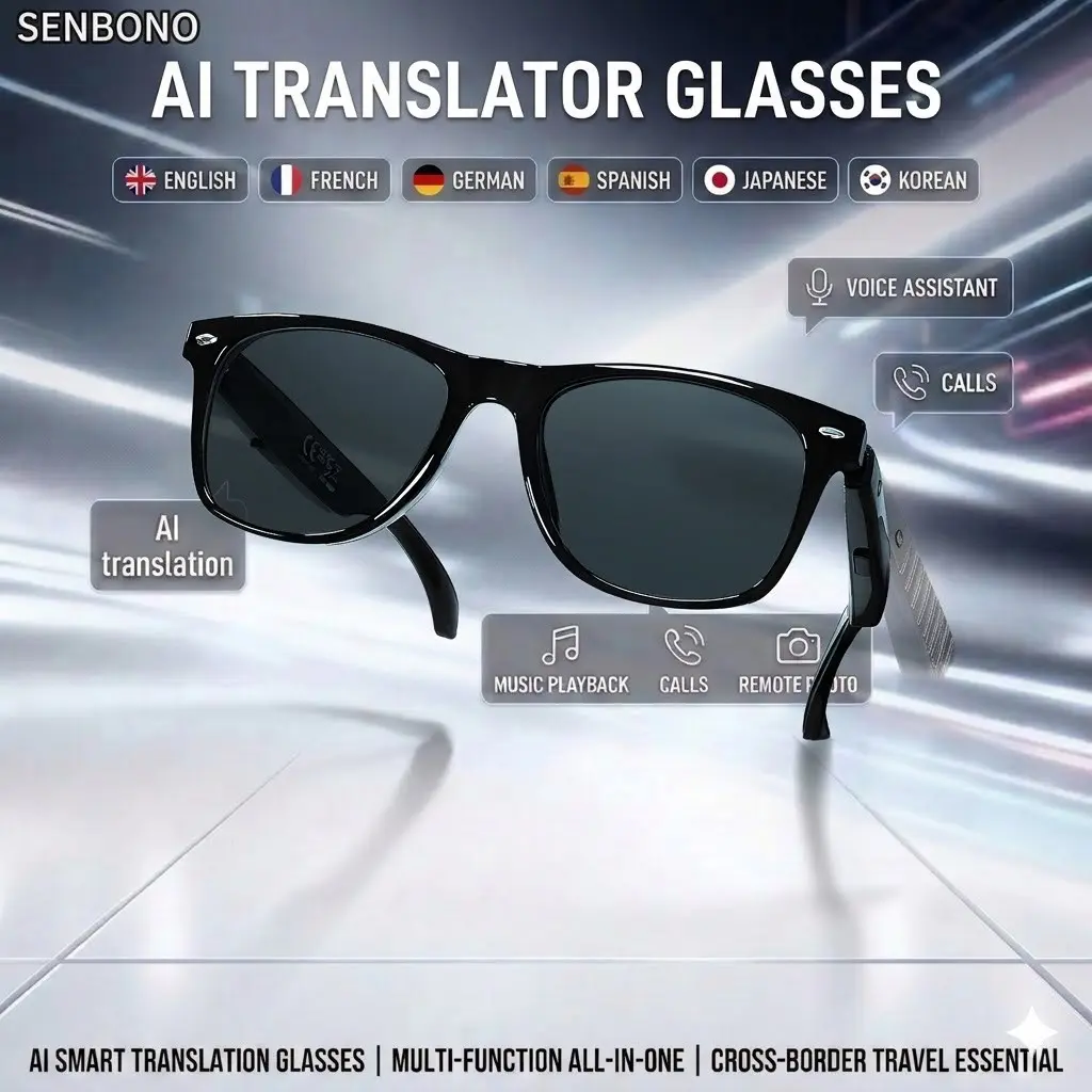 SENBONO Smart Glasses Polarized BT Sunglasses with Microphone Speaker, UV Protection, Auto Pairing, Ai Translation, Voice Assistant, Multifunction Smart Glasses