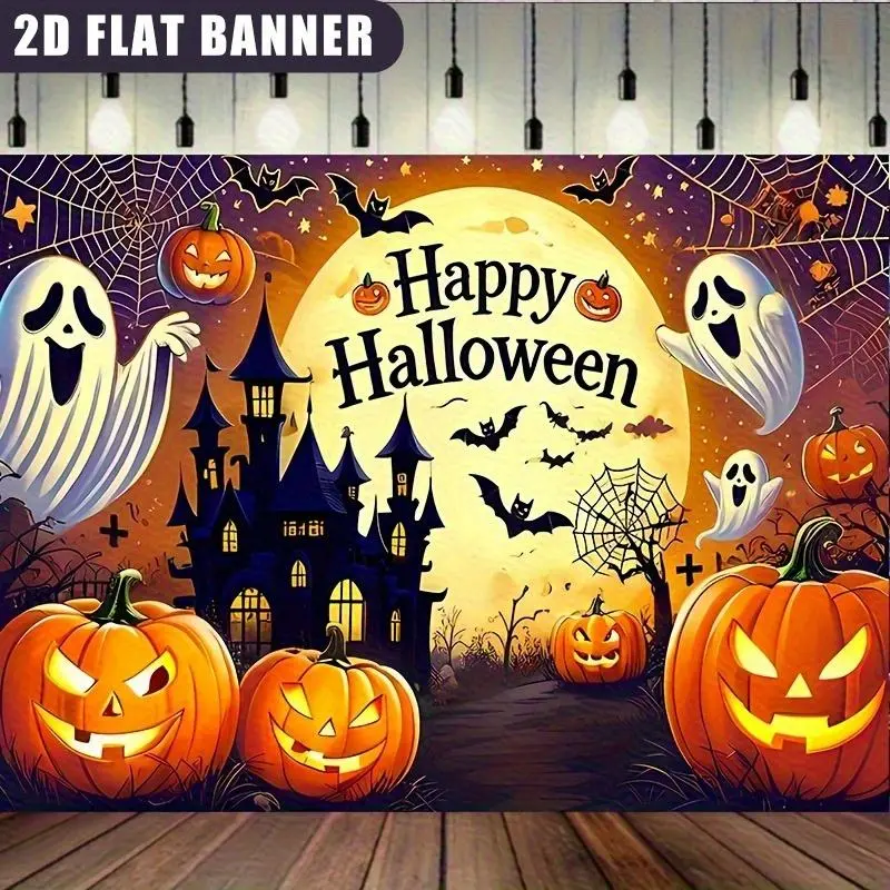 2D Flat Banner 1pc, banner Evil Country Road Castle Design Pumpkin Head Theme Halloween Banner Poster, Party Banner Decoration Supplies, Polyester Material Inkjet Printing, Photography Props, Backdrops, Suitable for Background Wall, Room, Li