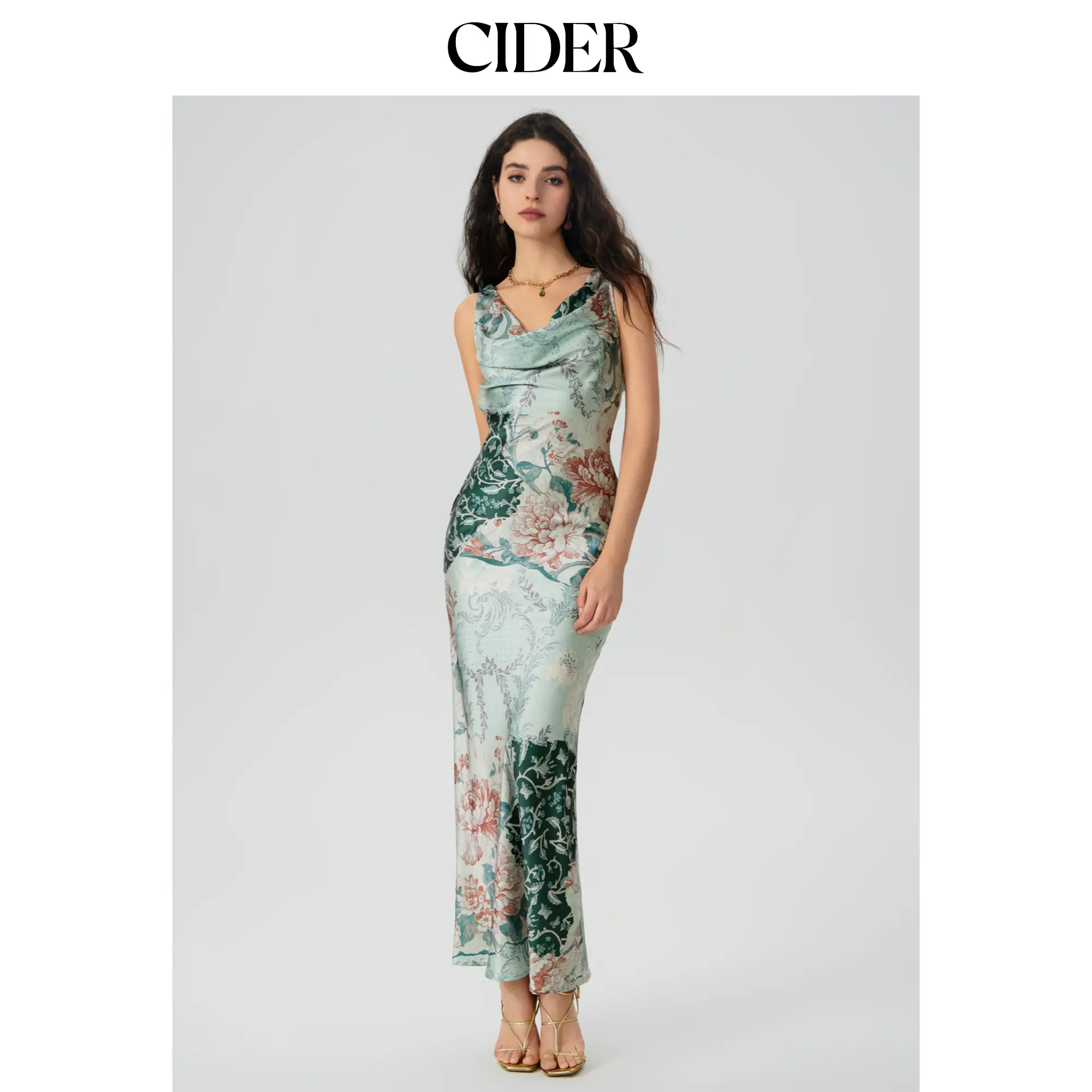 Women's Satin Cowl Neck Floral Maxi Mermaid Cider Dress, Size 0-26 SohoChic
