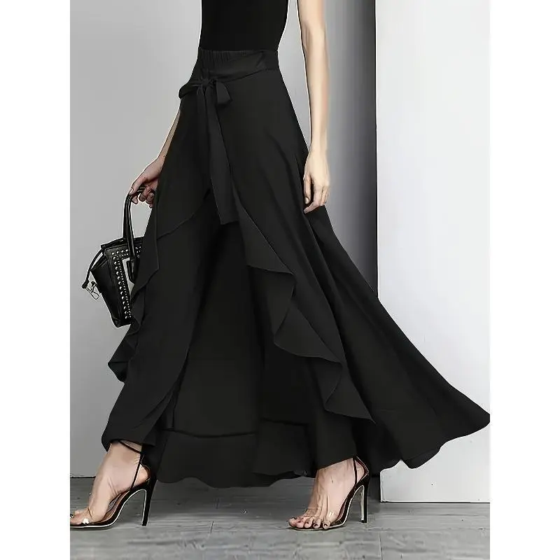Plus Size Palazzo Pants for Women, Casual High-Waisted Flowy Wide Leg Trousers with Asymmetrical Tie, Stretchy Fabric Fashion Pants for Outdoor & Daily Wear