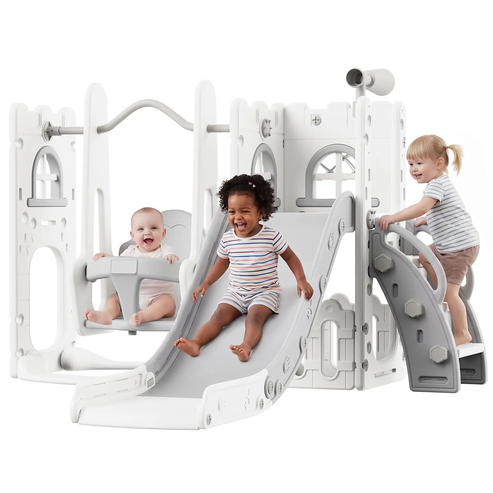 9-in-1 Toddler Slide & Swing Set – HDPE Freestanding Playground with Climbing, Baby Swing – Indoor/Outdoor Backyard Garden Playset – Gray-White