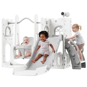 9-in-1 Toddler Slide & Swing Set – HDPE Freestanding Playground with Climbing, Baby Swing – Indoor/Outdoor Backyard Garden Playset – Gray-White