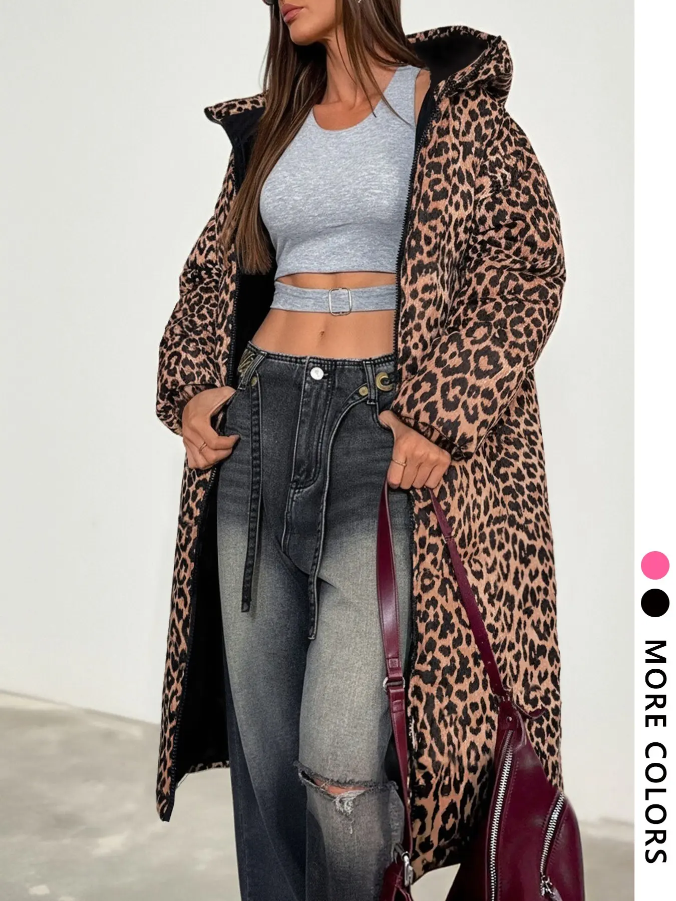 Leopard Print Hooded Long Coat for Women, Fleece Lined Winter Outerwear, Full Zip Oversized Loose Fit Warm Coat, Soft Thick Wind‑Resistant Y2K Retro Streetwear