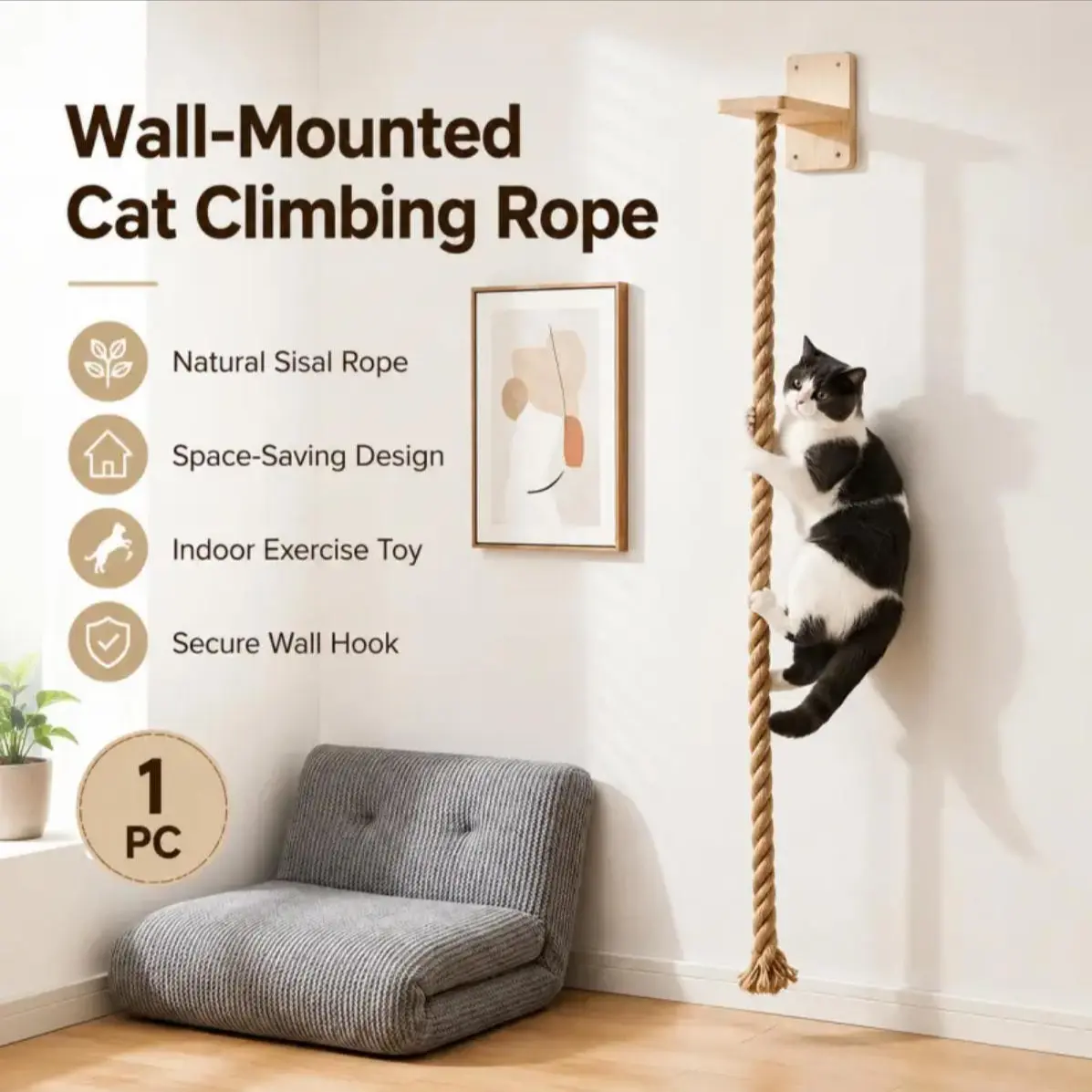 Wall-Mounted Vertical Cat Rope Climbing Pole, Heavy-Duty Sisal Scratching Post, Scratcher, Space-Saving Cat Toy, Ideal for Apartments
