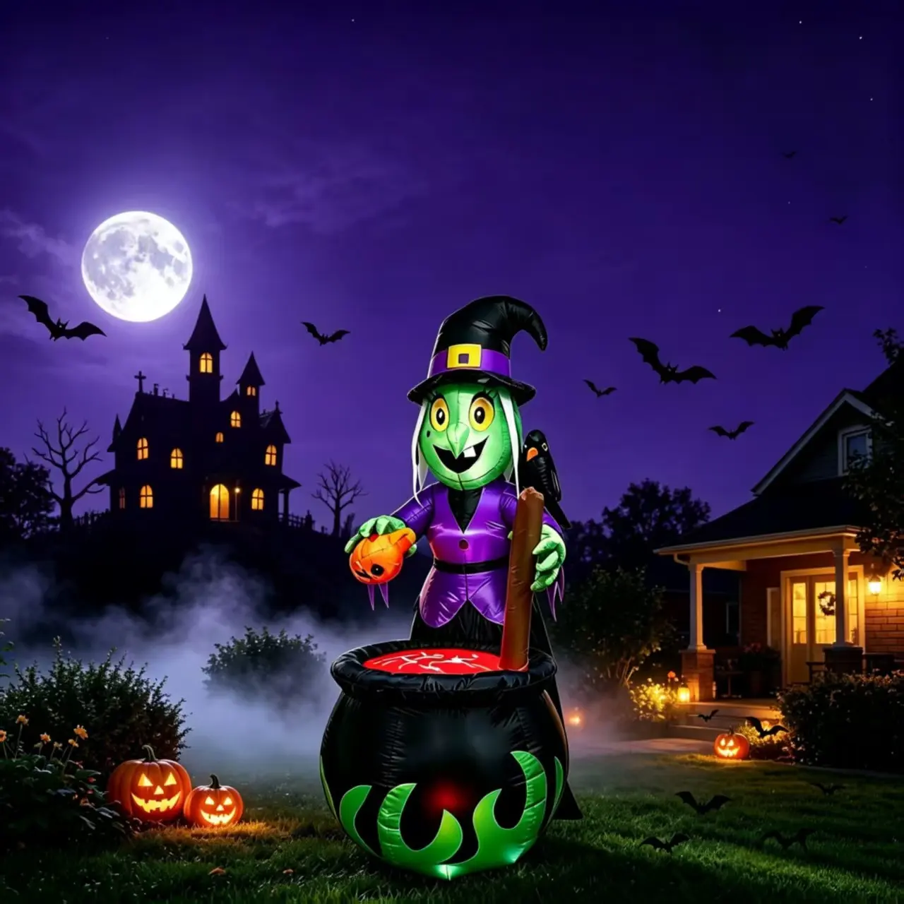 1.8 Meter Halloween Inflatable Witch Crow Cauldron, Outdoor Spooky Horror Witch Potion Making Inflatable Decoration, Halloween Garden Magic Witch Inflatable Atmosphere Ornament