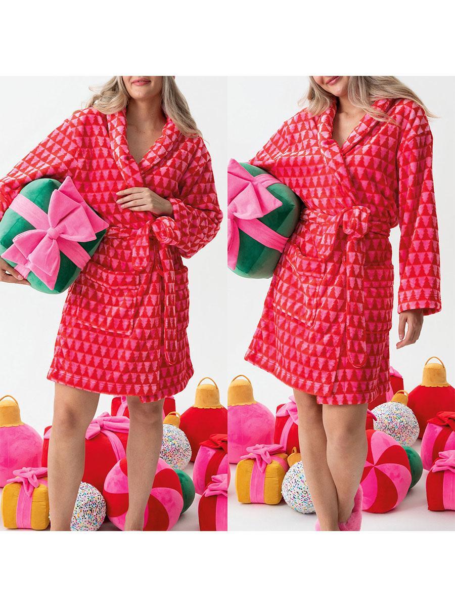 Women Fashion Striped Fleece Robe Fuzzy  Printed Long Sleeve Shawl Collar Bath Robe Cute Plush Warm Kimono with Pocket