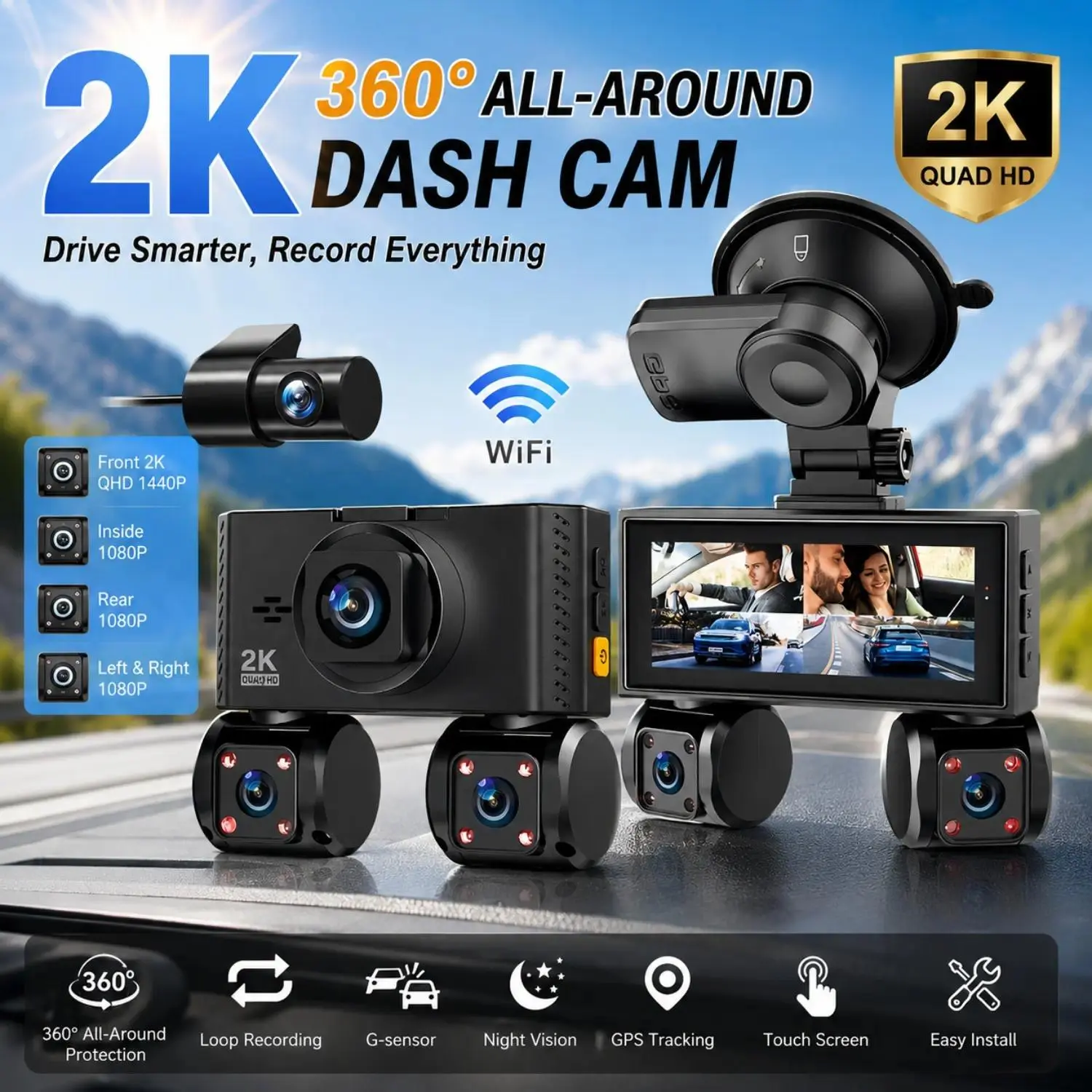 2K WiFi GPS 4 Channel Dash Cam Front Rear Left Right 360 Full Coverage IR Night Vision Touch Screen Emergency G-Sensor Loop Recording Driving Recorder Free 64GB Memory Card Included
