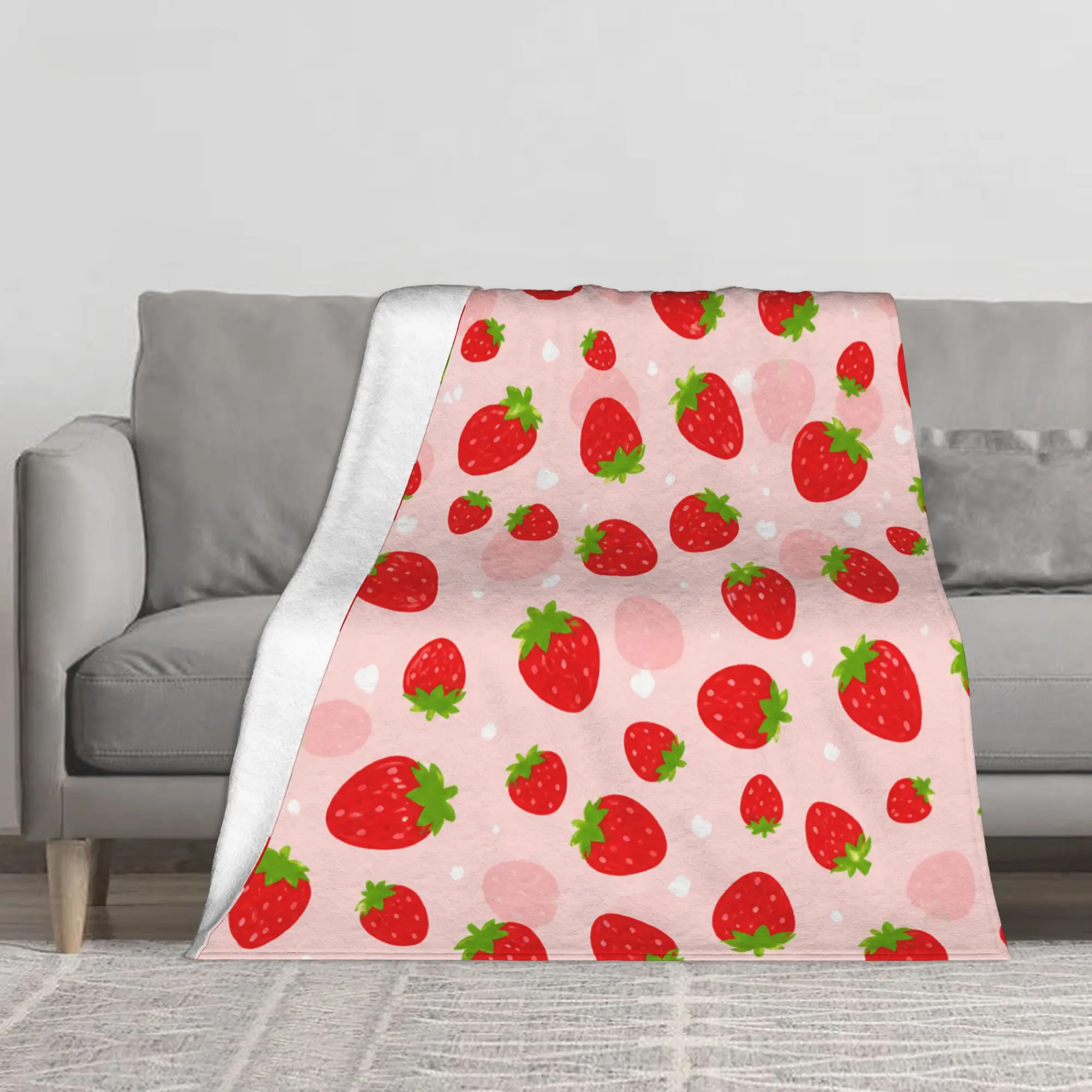 Strawberry Flannel Fleece Throw Blanket, 280GSM Soft Cozy Pink Fruit Pattern Plush Blanket for Couch Sofa Bed, Cute Decorative Lightweight Fuzzy Warm Blanket for Kids Girls Adults,disposable,Portable