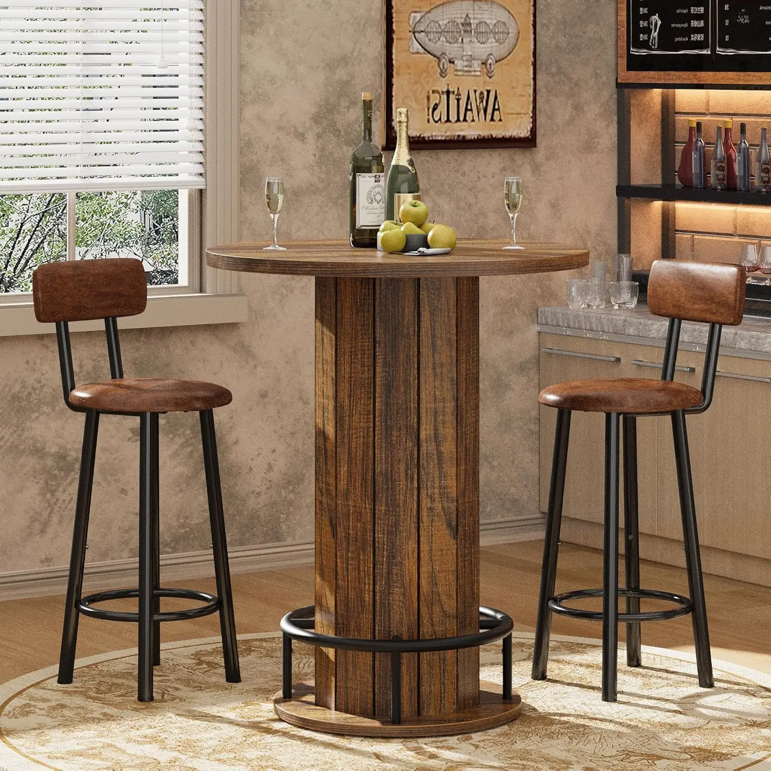 40" Round Bar Table, Wood Bistro Pub Tables with Metal Ring Footrest