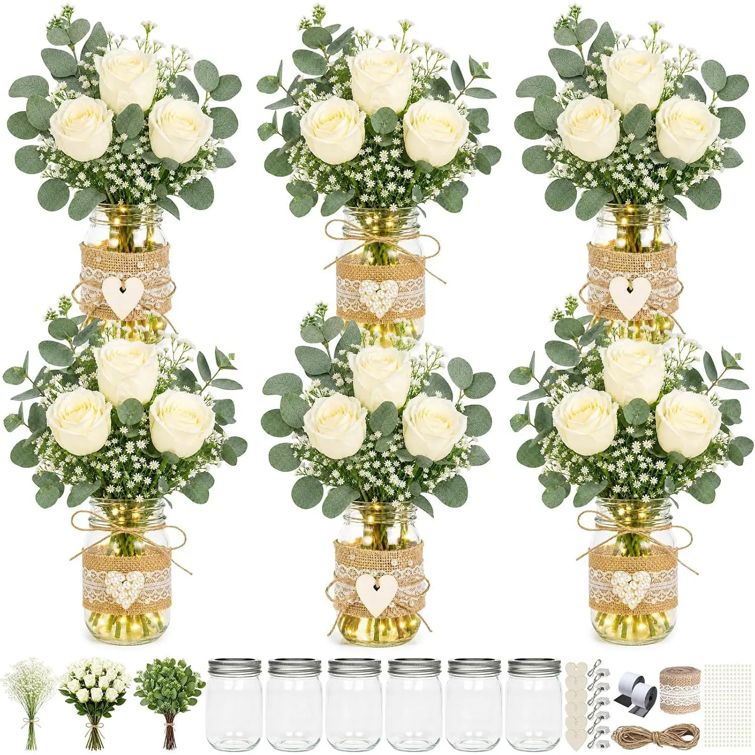 6 Sets Rustic Theme Wedding Table Centerpieces - Mason Jars with Glass, Lace, Light, White Rose & Eucalyptus Flower Arrangements for Bridal Shower, Engagement Party Decorations, Six Sets