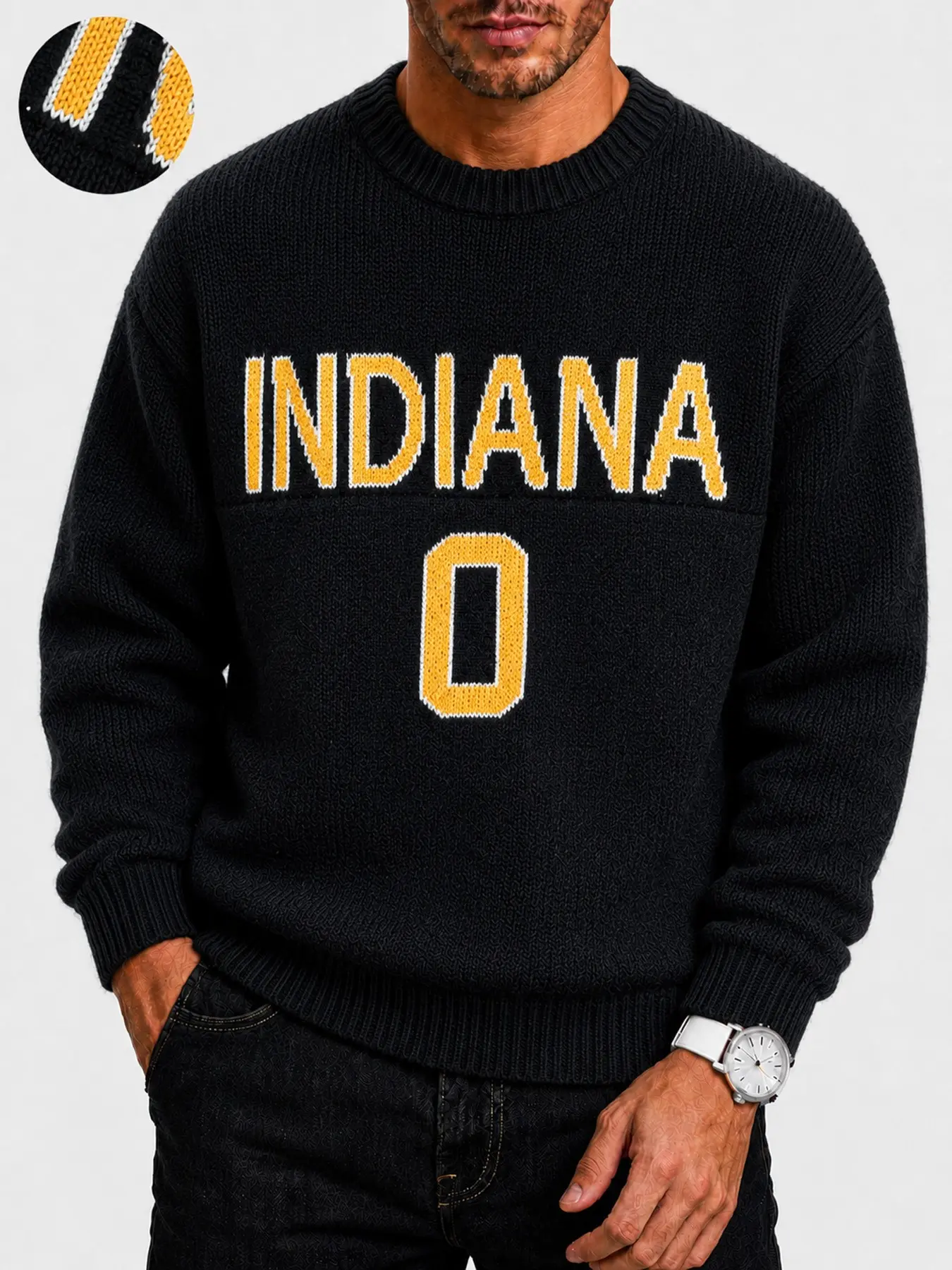 Unisex Crew Neck Indiana 0 Letter Number Jacquard Knit Sweater, Long Sleeve Contrast Color Pullover, Vintage Preppy College Jumper