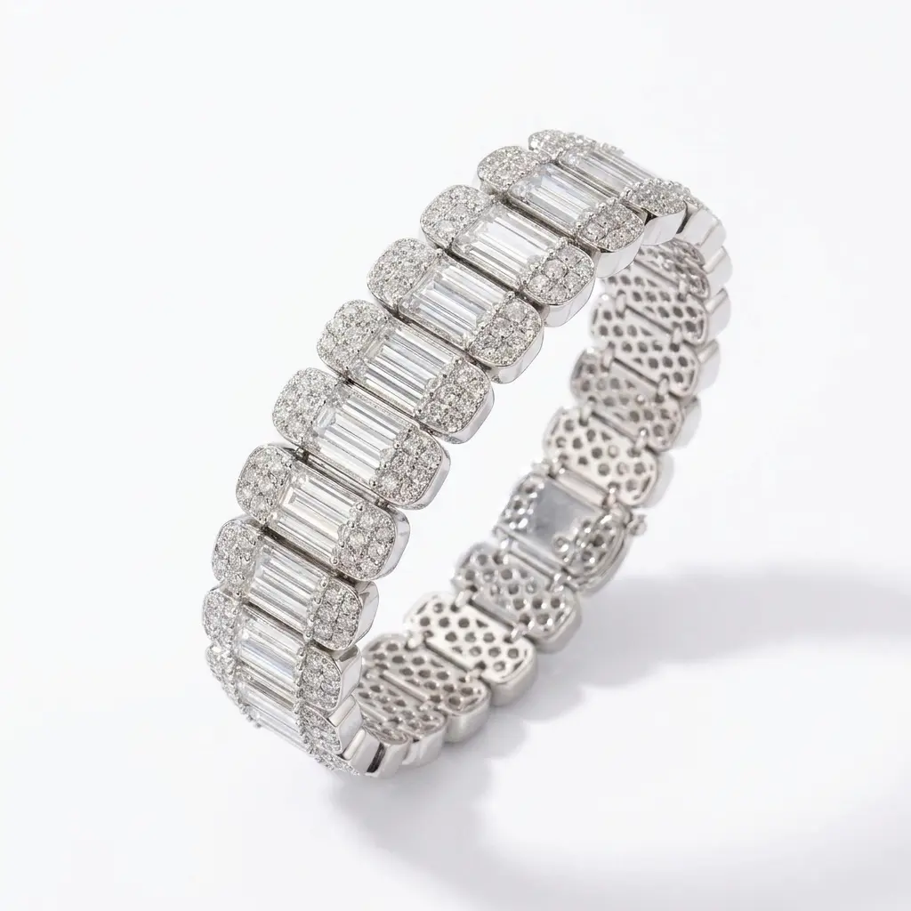 Top Quality 925 Silver Plated Moissanite Baguette Link Bangle, Large Sparkling Hip Hop Jewelry for Men women Iced Out Bling