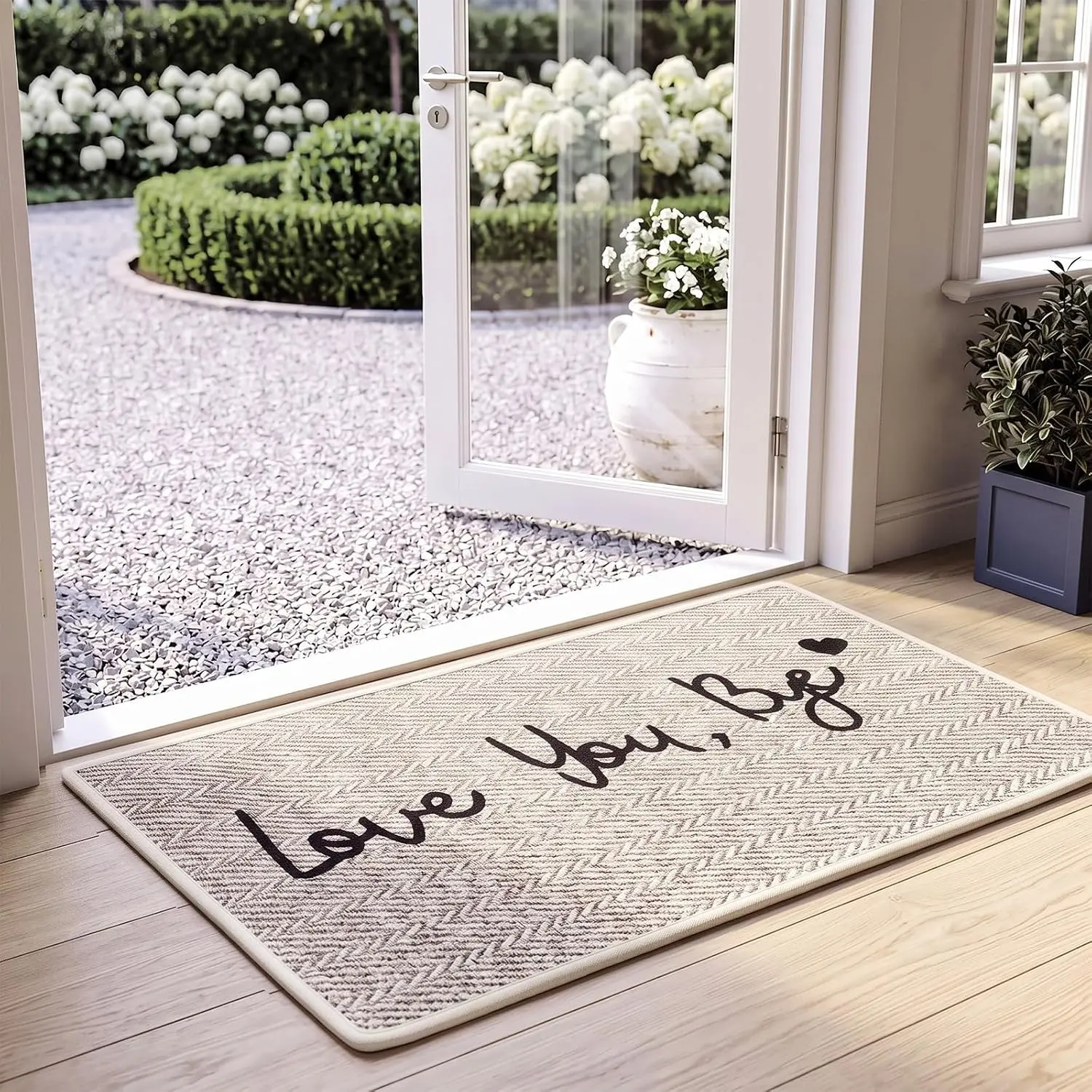 24"x36" Love You Bye Indoor Door Mat Boho Farmhouse Art Porch Rug Decor Non Slip Entryway Low Doormat Herringbone Carpet Washable for Inside Porch Beige