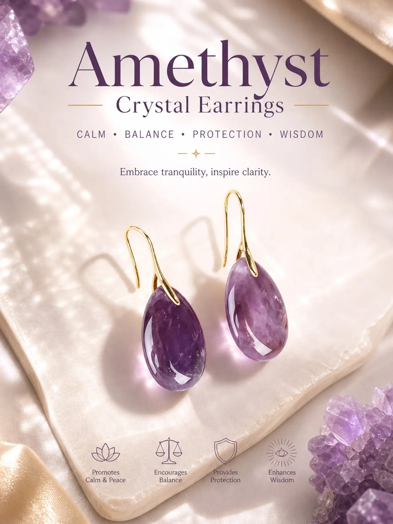 "Inner Peace" Genuine Purple Amethyst Teardrop Earrings - Soothing Energy Crystal Ear Jewelry for Mindful Calm, Soft Aura & Confidence