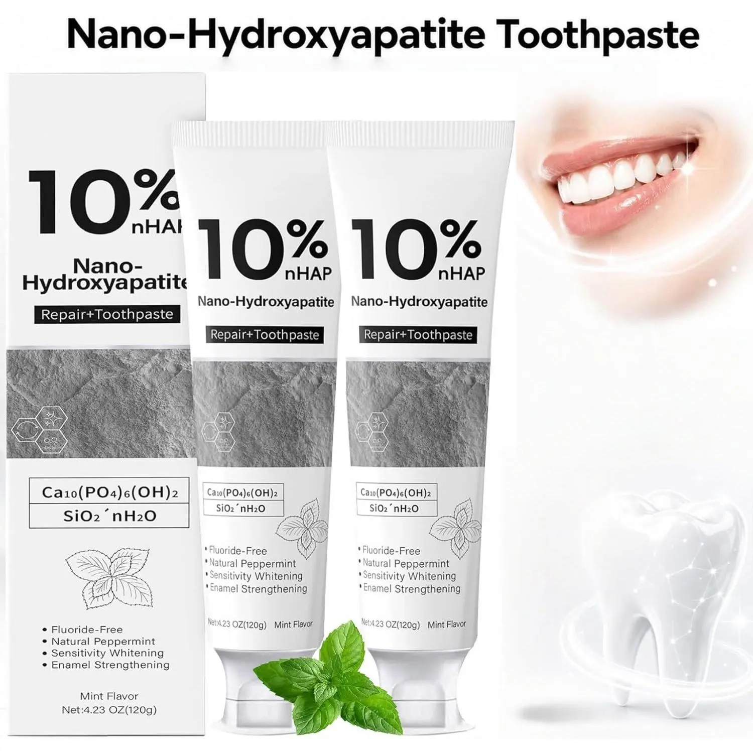 MOSMIA Nano-Hydroxyapatite Toothpaste, Fluoride-Free 4.23oz New Upgraded Formula, Oral Care for Sensitive Teeth, Restores & Strengthens Enamel, Soothing, Brightens Teeth, Natural Peppermint, Restore, Enamel Repair