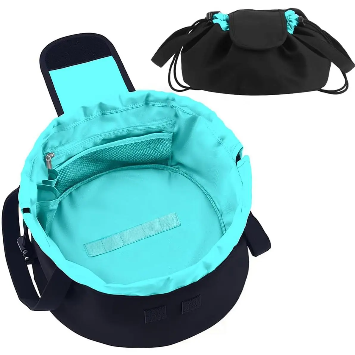 Drawstring Makeup Bag for Women Travel Organizer with Open-Flat Design, Large Capacity Portable Water-Resistant Synthetic Fabric Toiletry Pouch with Handle Strap for Skincare & Brushes (Green)