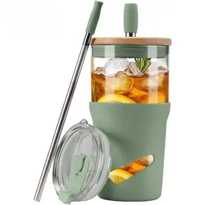 20oz Eco-Friendly Reusable Glass Water Tumbler - Portable, Washable 2-in-1 Cup with Bamboo Lid, 2-in-1 Straw, Anti-Slip Silicone Sleeve - Durable, Stylish On-the-Go Iced Coffee Cup for Gifting & Daily Use (Non-Insulated Glass Tumbler)