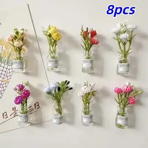 8 Piece Glow-In-The-Dark Flower Glass Bottle Magnet Set, Fun Kitchen Decor, Mini Night Light Vase Magnets, Festive Gift Ideas