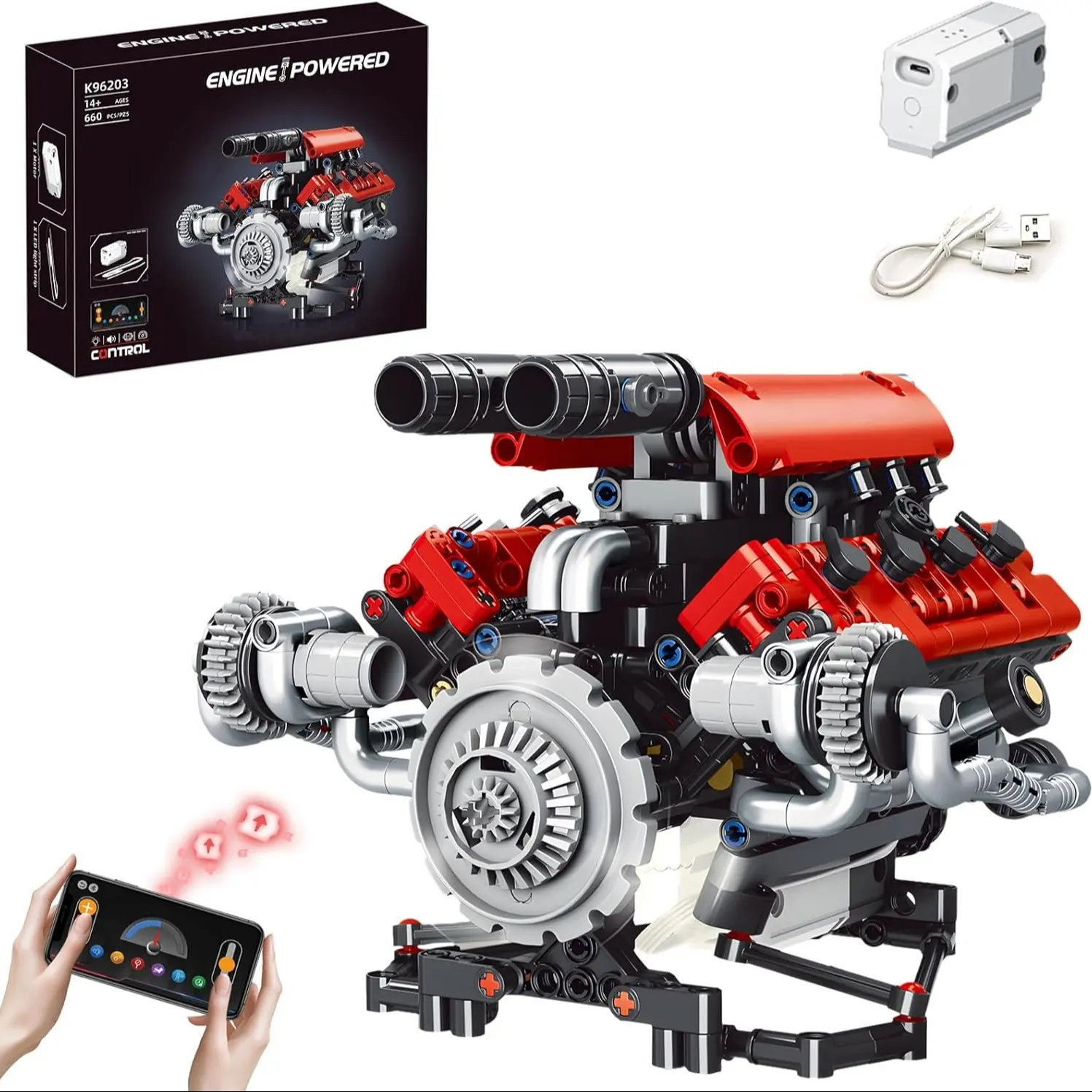 V8 Engine Building Kit, Collectible Construction Set, Programmable Mechanical Blocks with Motor and Lights, Suitable for Ages 14+, Unisex, Creative Display