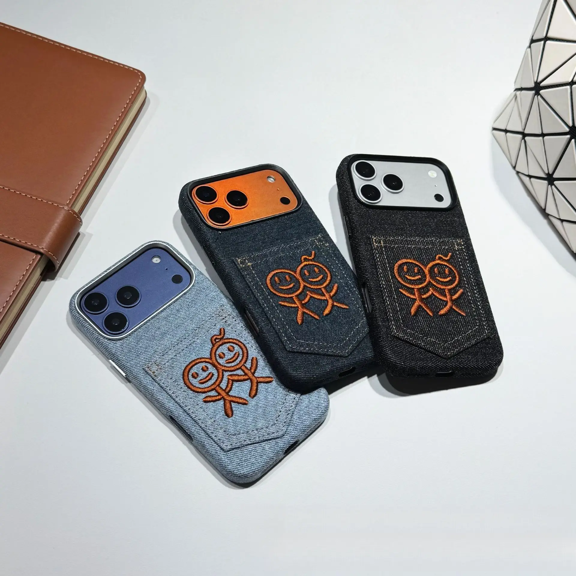iPhone 17 Pro Max Denim Fabric Phone Case - 3D Heavy-Duty Embroidered Character Card Holder with Pocket Card Slot Accessory