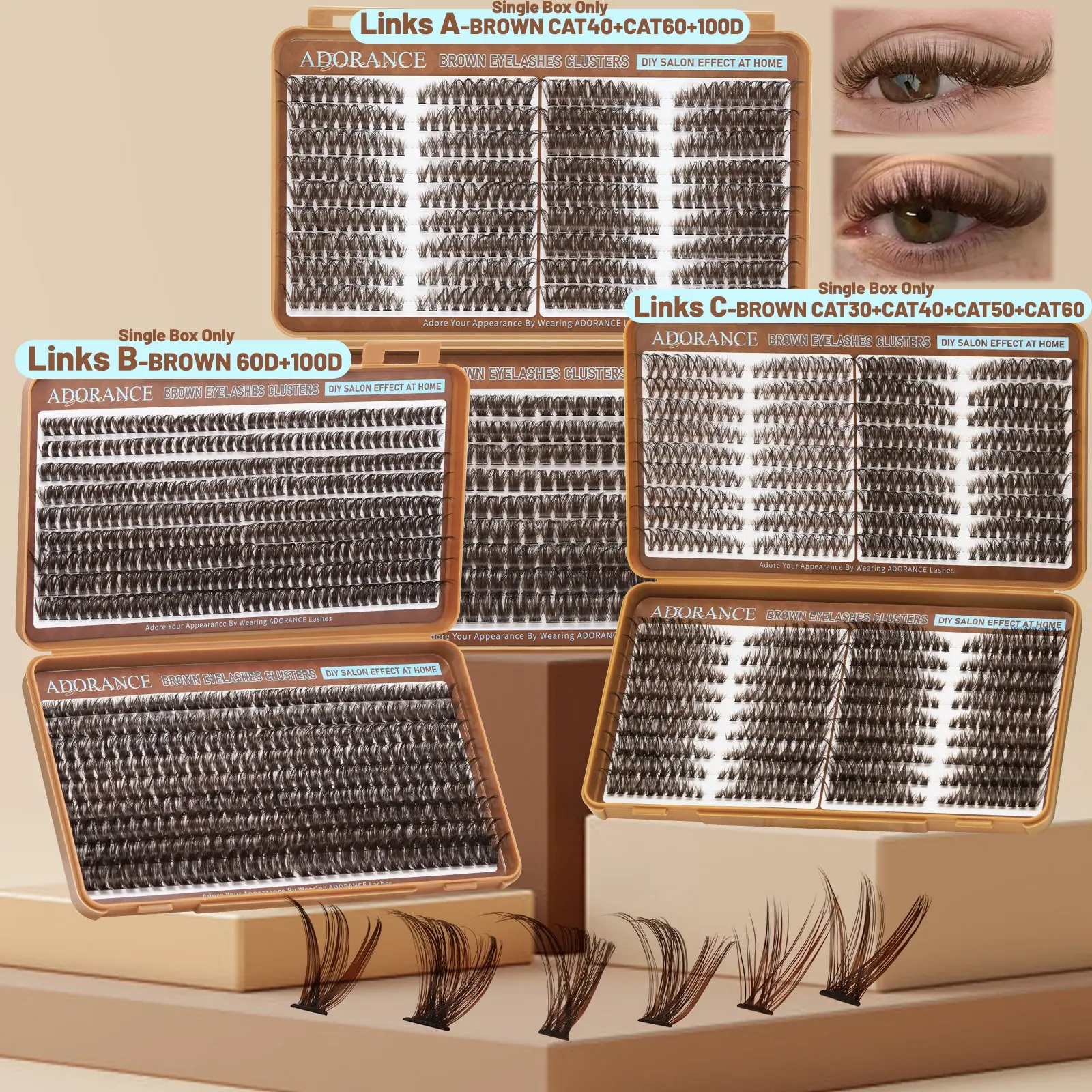 ADORANCE Brown Lash Clusters, Fluffy Dark Brown Wispy Individual Eyelash Extensions, D Curl Lightweight Cluster Lashes, Waterproof DIY Lash Extensions for Natural Everyday Makeup